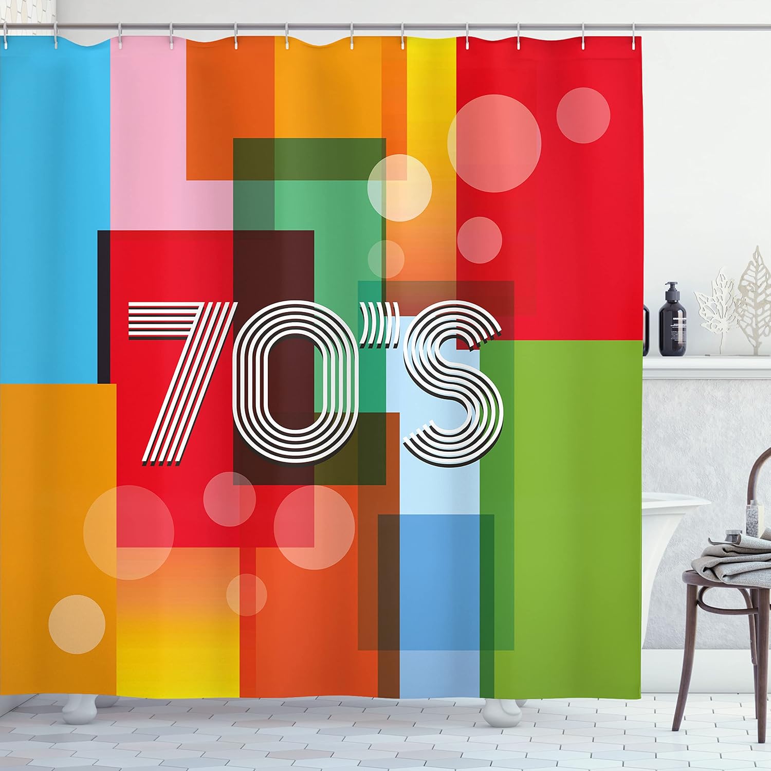 Ambesonne 70s Party Shower Curtain, Retro Groovy Art Backdrop Colorful Geometric Abstract Striped Old Fashioned Love, Cloth Fabric Bathroom Decor Set with Hooks, 69" W x 84" L, Red Orange