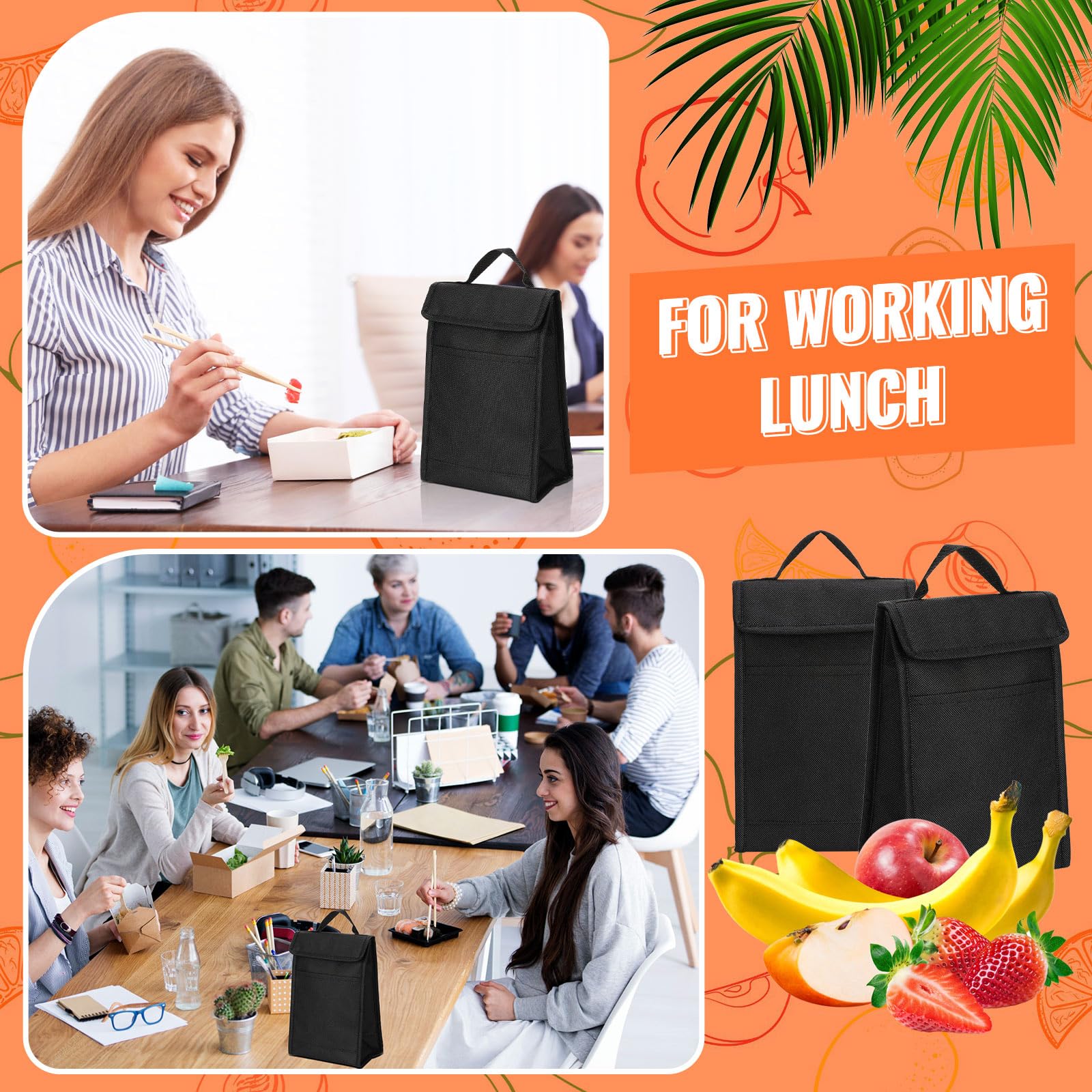 Isolierte Lunch-Taschen mit Klettverschluss, schwarz, wiederverwendbar, wasserdicht, Lunch-Tasche, isolierte Lunchboxen, Großpackung mit Aluminiumfolie, thermisch für Damen und Herren, Büro,