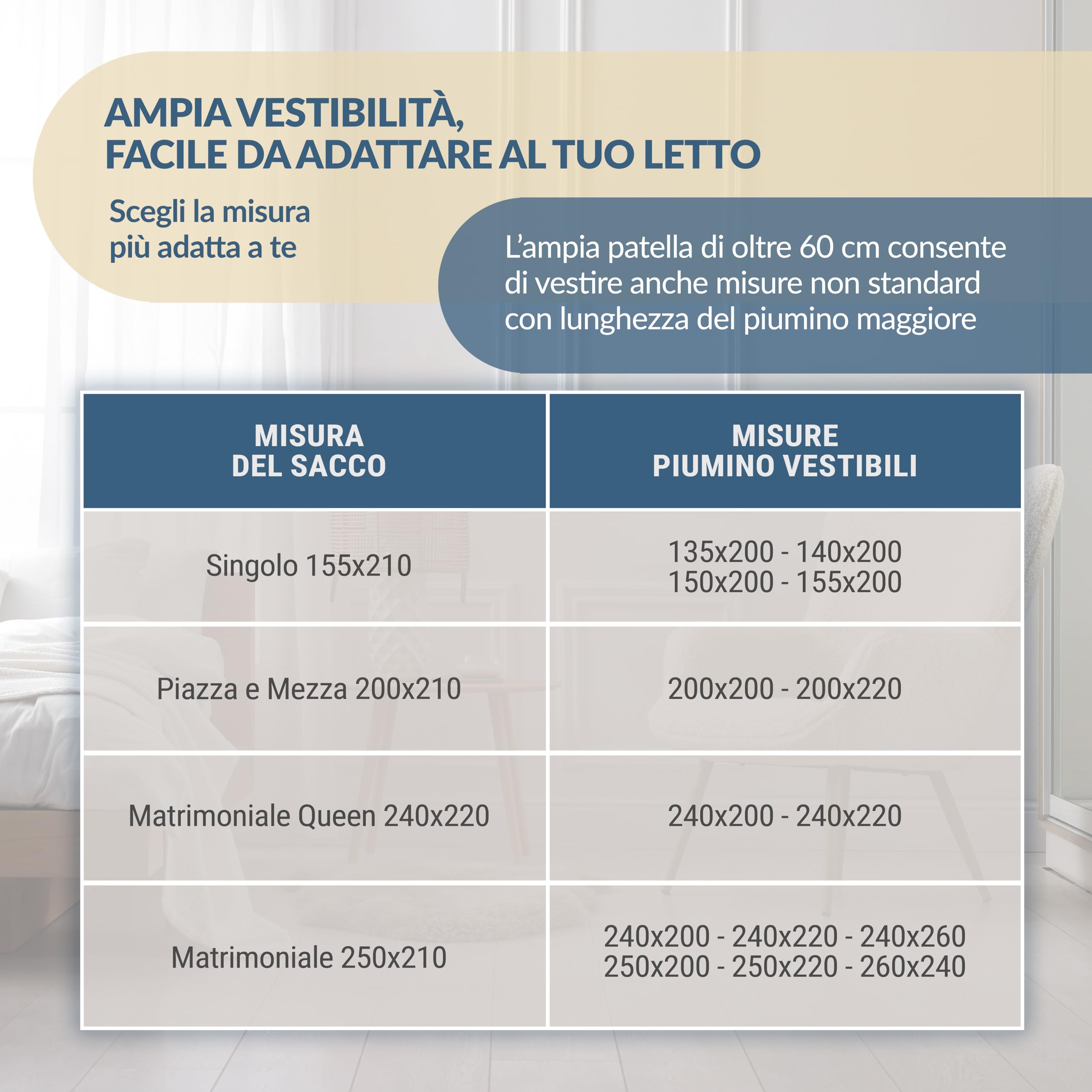 Dorian Home - Set Copripiumino Matrimoniale 250x210 con Sacco Copri Piumino Cotone 100% Puro, Morbido e Certificato + 2 Federe Cuscino Letto 50x80 con Patella di 18 cm, Parure Copripiumino 4 Stagioni