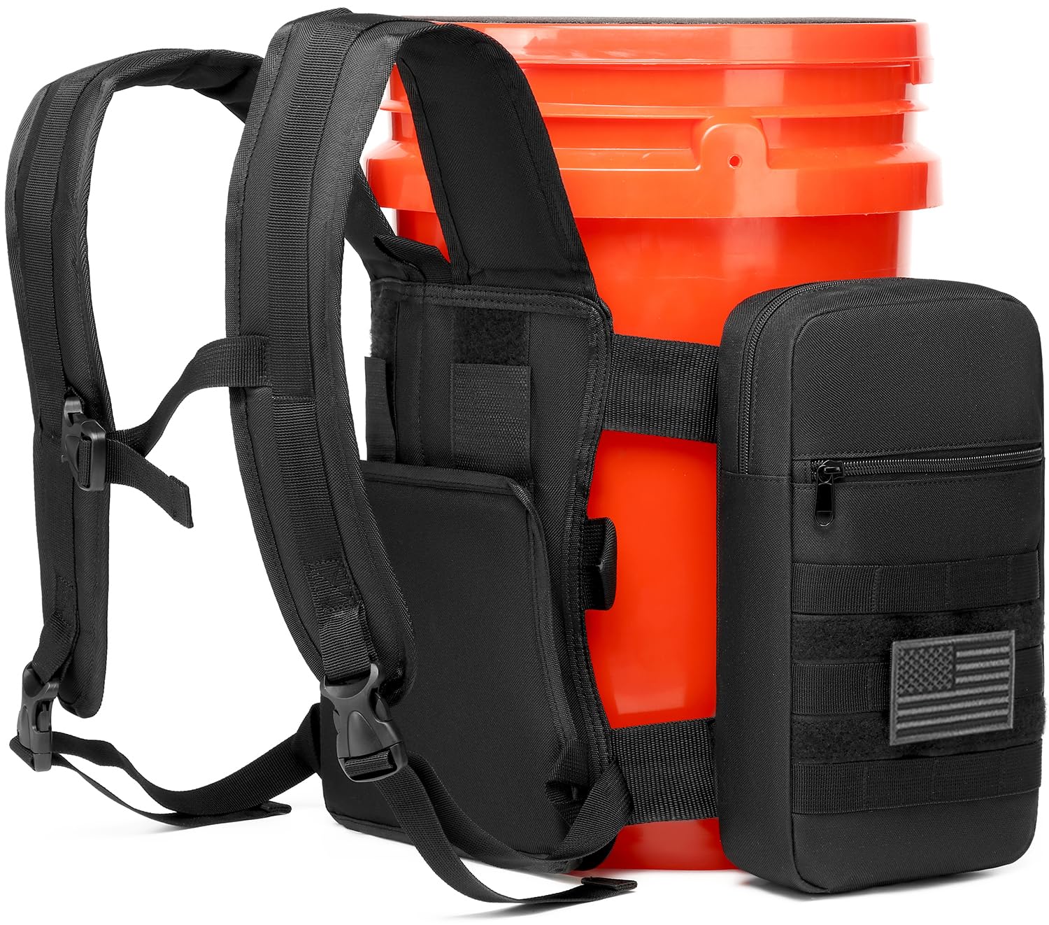 Backpack for 5 Gallon Buckets - Universal Bucket Organizer with Pocket for Hunting, Fishing, Apple Picking, Black, Large