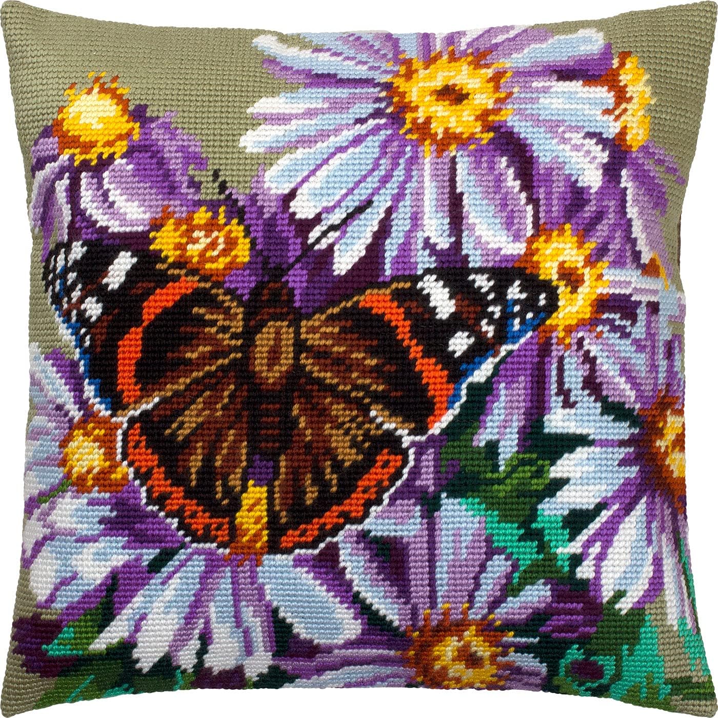 Brvsk Floral Needlepoint Kit for Adults and Beginners — Red Admiral on Michaelmas Daisies 16″ × 16″ with Clear, Precise Printed Design on Cotton Canvas; Includes 2 Needles, Yarn, and Easy-Read Chart