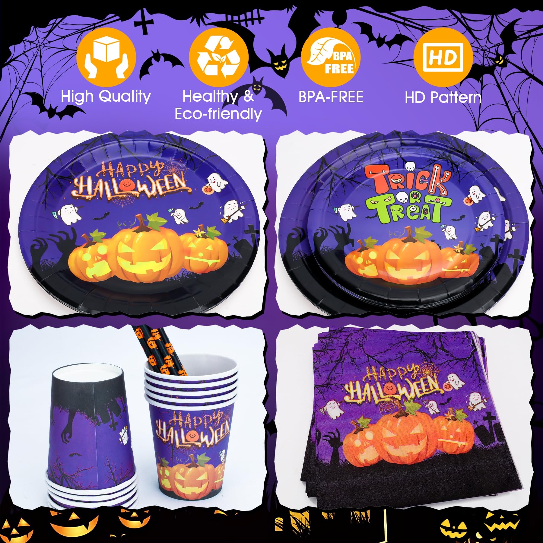 Halloween Tableware Set for 10 People, 50Pcs Decoration Paper Dinnerware With Reusable Plates, Napkins, Cups - Image 4