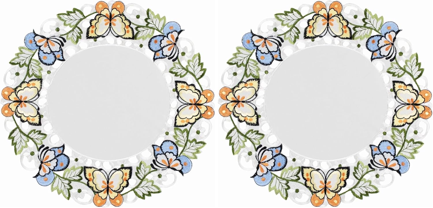 Embroidered Colorful Butterfly on Ivory Round Doily, Placemat (15 Inch Round) (Pack of 2)