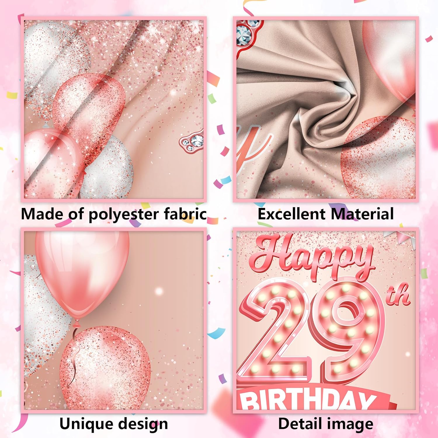 Happy 29th Birthday Rose Gold Banner Cheers to 29 Years Old Backdrop Confetti Balloons Theme Decor Decorations for Women 29 Years Old Pink Birthday Party Supplies Bday Background Favors Gift Glitter - Image 4