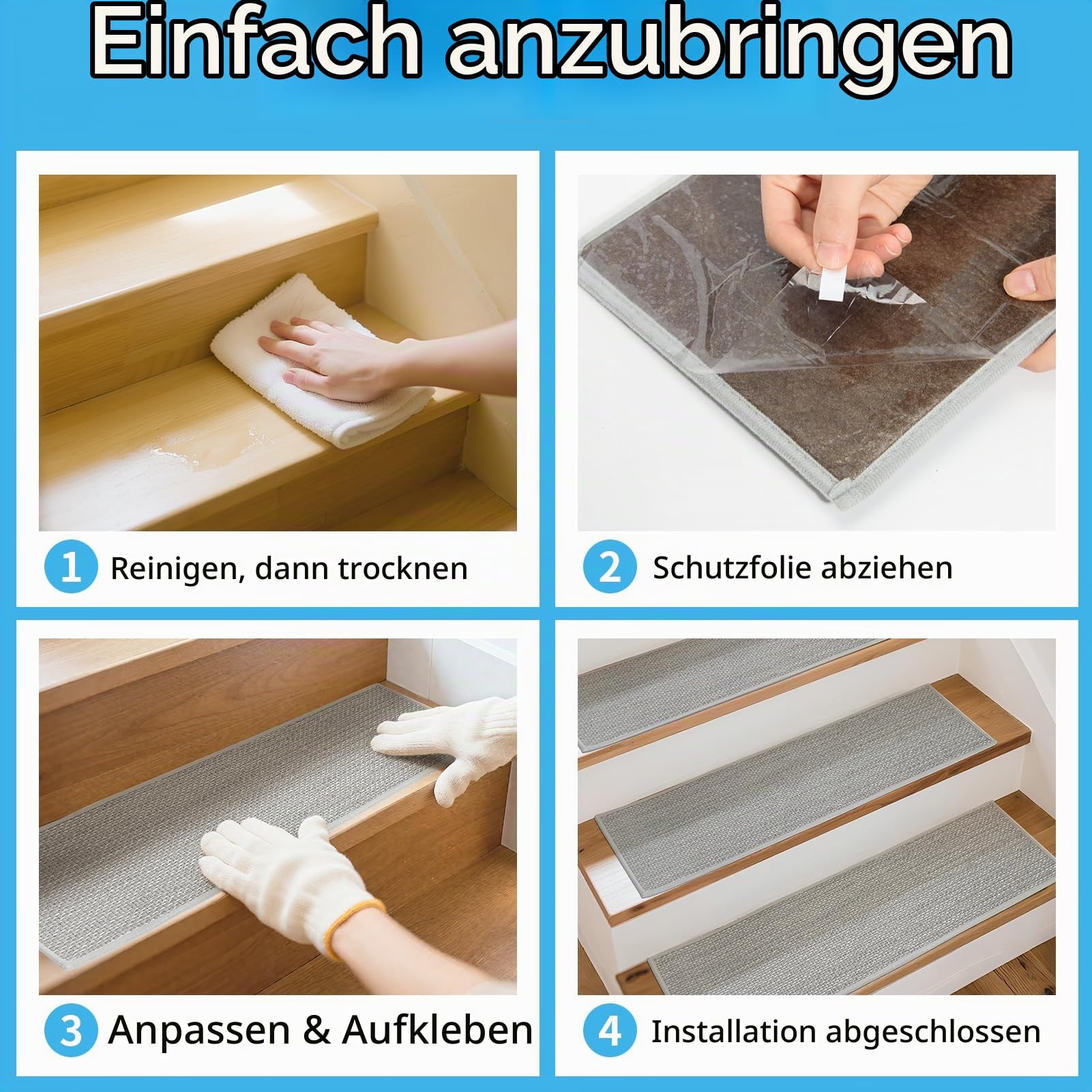 Art3d Stufenmatten Treppenstufen Matten 20 X 76 cm Leinenoptik-Grau | 15 Stück Treppenteppich Selbstklebend Sicherheit Stufenteppich Ideal für Kinder, Älteste und Haustiere