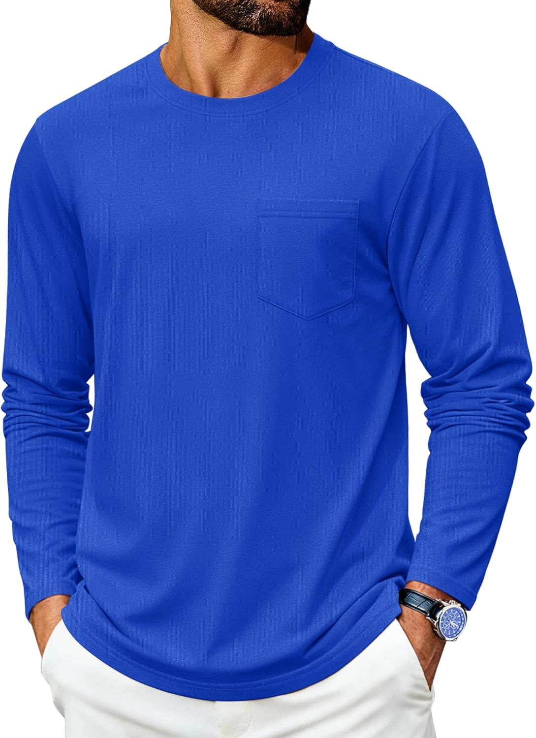 Cotrasen Men's Long Sleeve Shirts Cotton Crew Neck Pocket T Shirts Moisture Wicking Soft Comfort Casual Tee Shirts