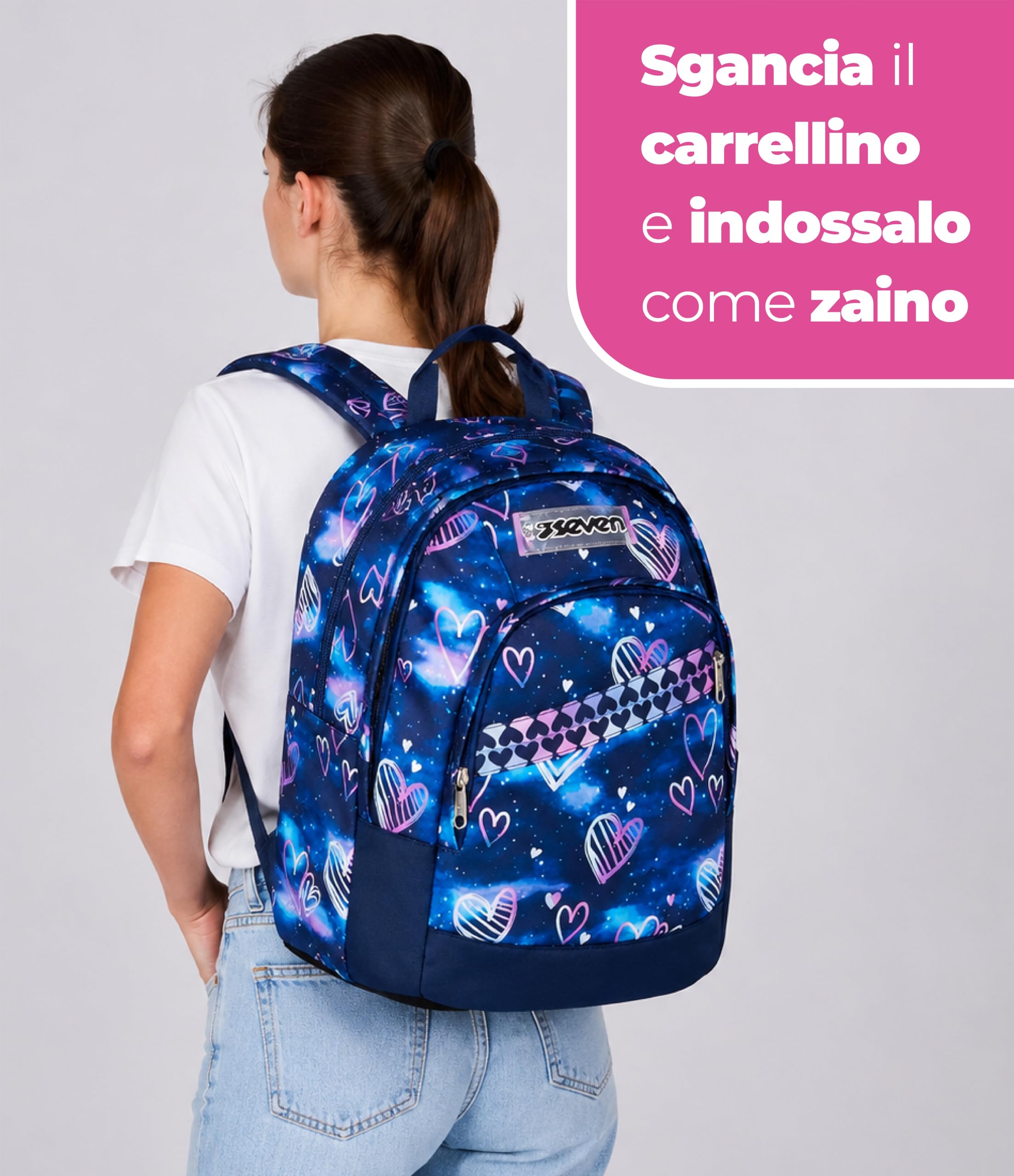 Seven Zaino Trolley Scuola Elementare Bambina 3 ruote, Zaino Sganciabile, Doppio Uso, Spallacci a Scomparsa, viola rosa