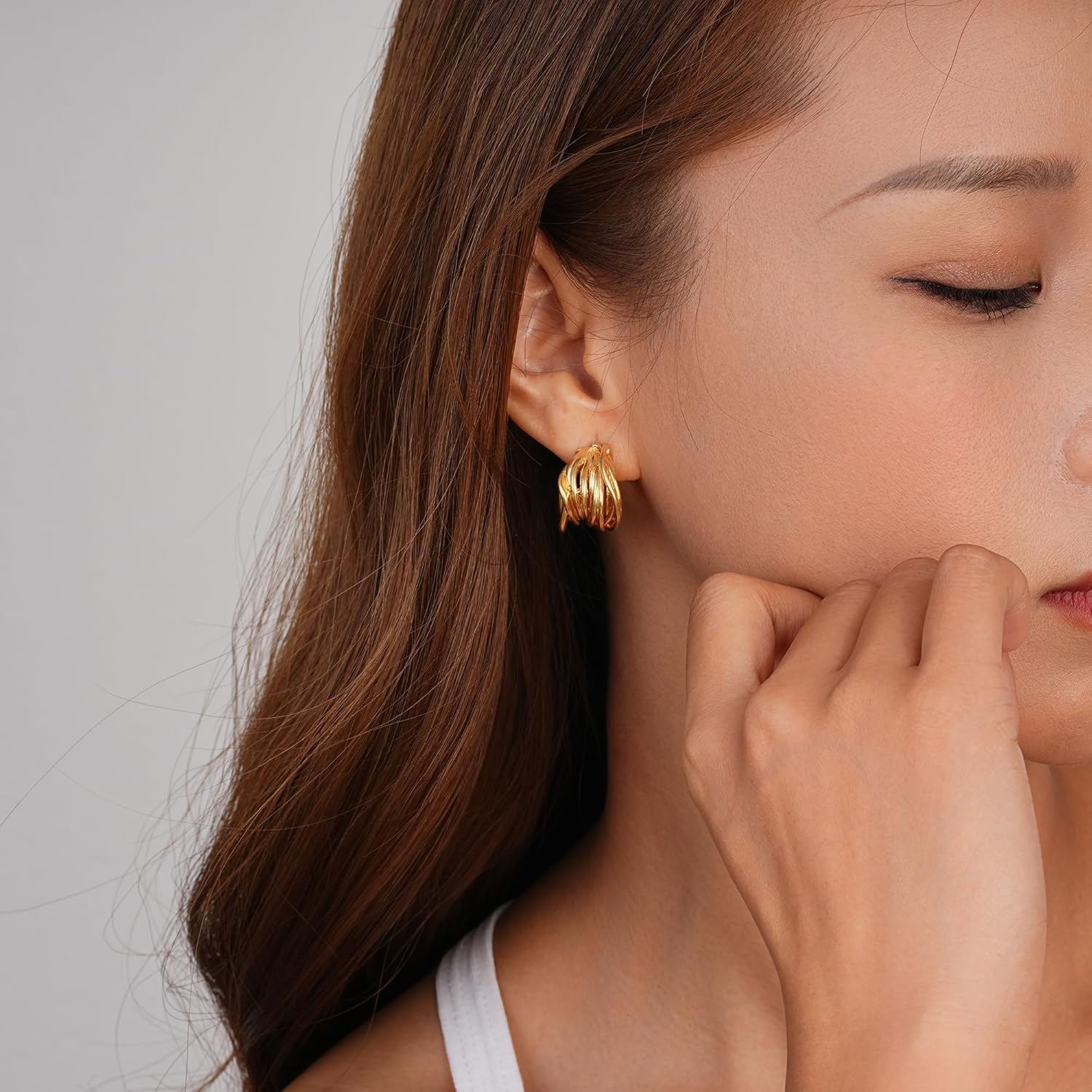 Chunky Gold Earrings 14K Gold Plated Statement Earrings for Women Trendy Hypoallergenic Textured Hoop Ribbed Huggie Earrings - Image 5