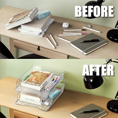 Miniatura 3 de Simple Houseware Organizador de bandejas de cartas apilables transparentes de 2 niveles, soporte de archivos de escritorio para papel tamaño