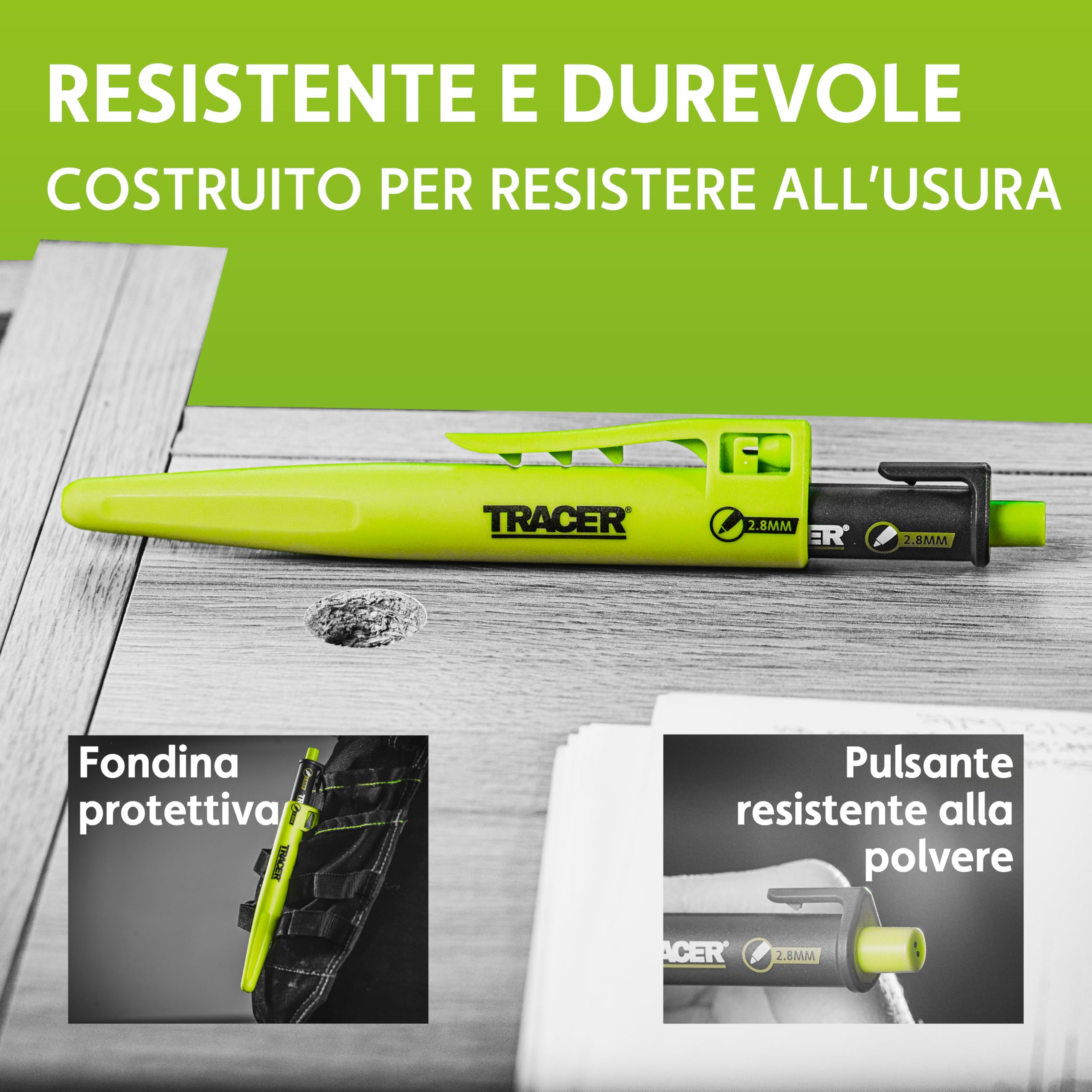 TRACER Pencil 2.0 Matita Carpentiere per Falegnameria – Matita da Cantiere con Holster, Punta 2.8mm per Marcature Profonde in Edilizia