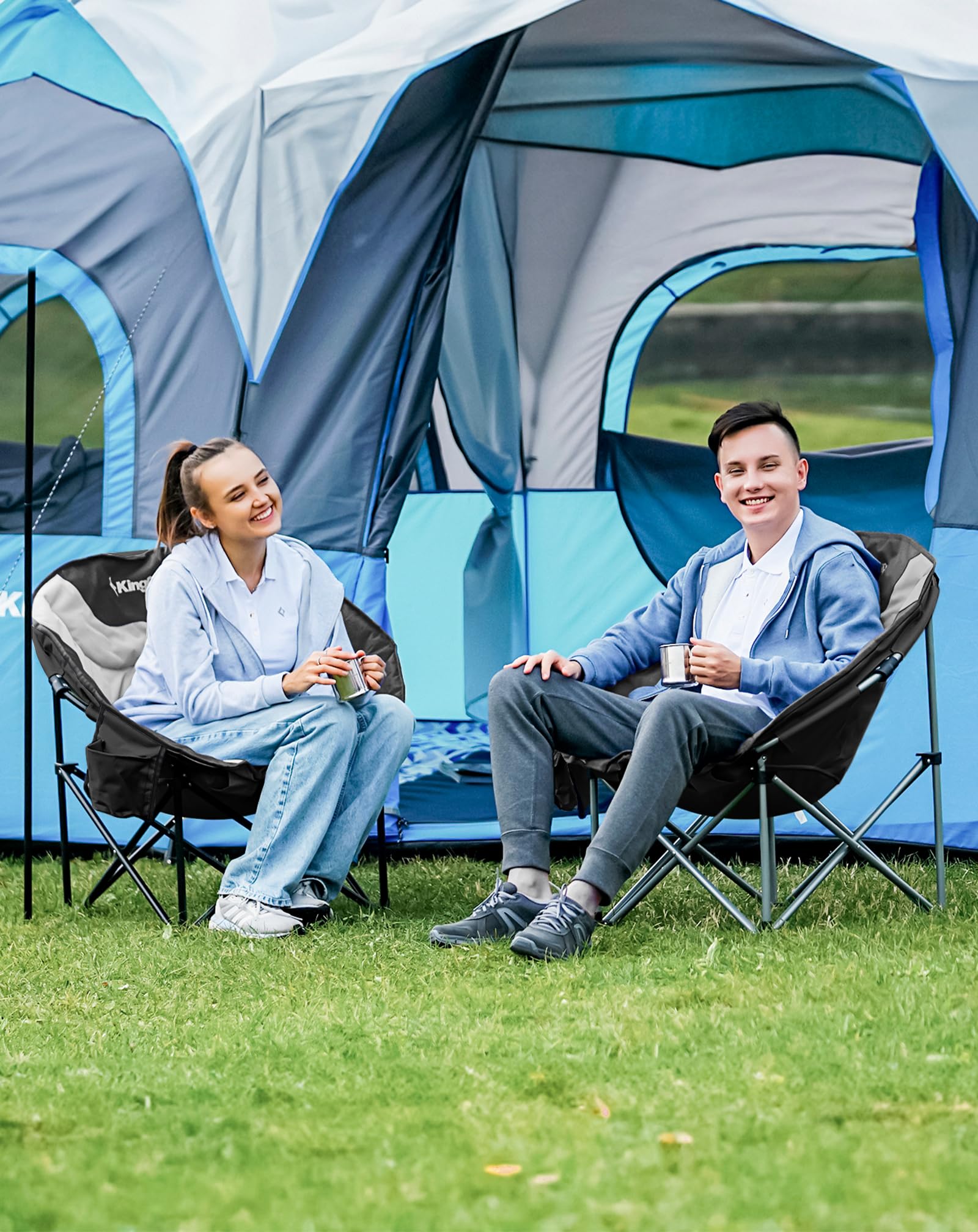 KingCamp 2er Set Moonchair Campingstuhl Faltbar bis 205kg Gepolstert | Tragbar Campingstühle mit Kühltasche, Getränkehalter & Tragetaschen für Camping, Garten, Angeln Outdoor