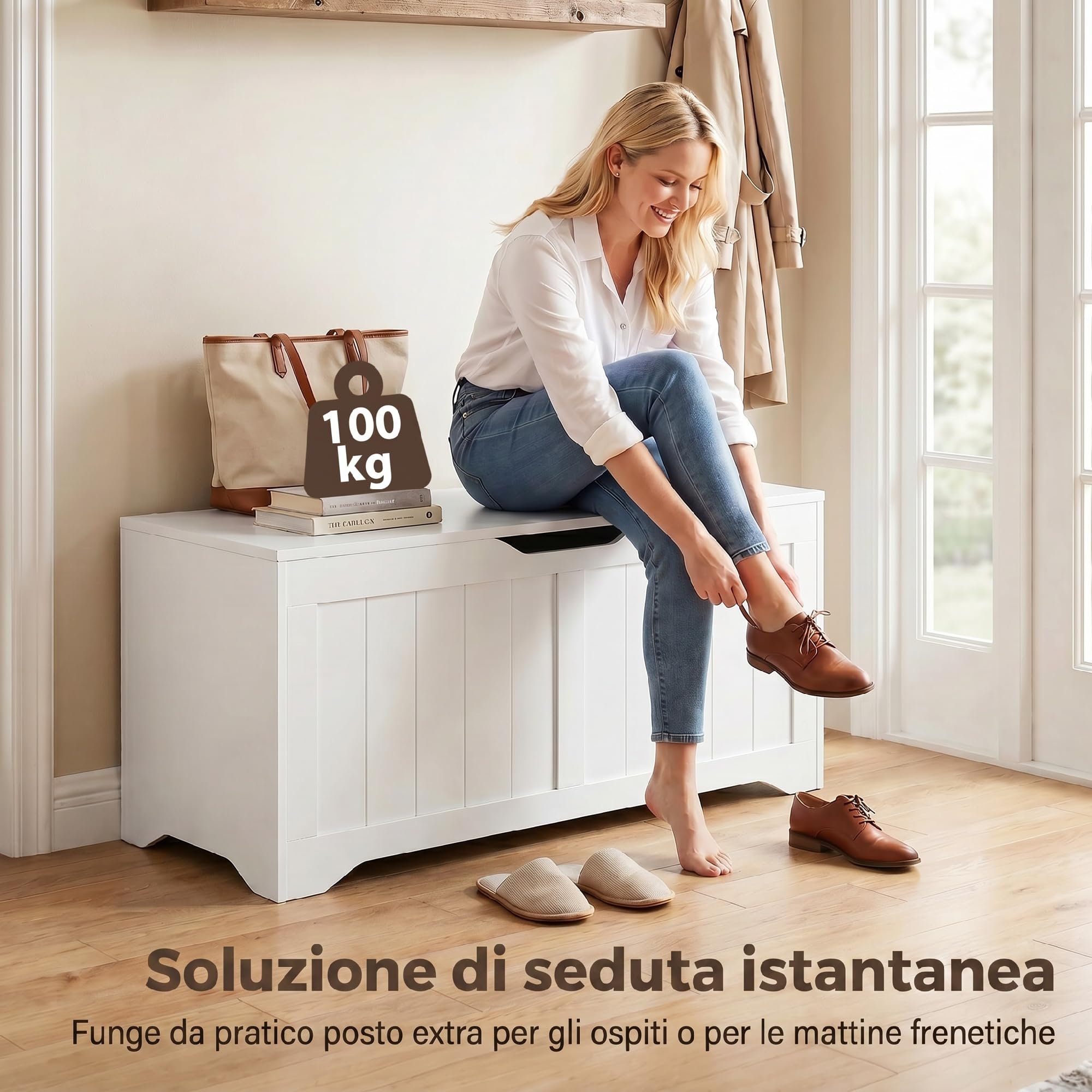 HOMCOM Cassapanca Contenitore da Interno 136L 100x40x45 cm Bianco | 2 Cerniere di Sicurezza, Baule Design Senza Maniglie, per Soggiorno e Ingresso, Panca Contenitore Moderna