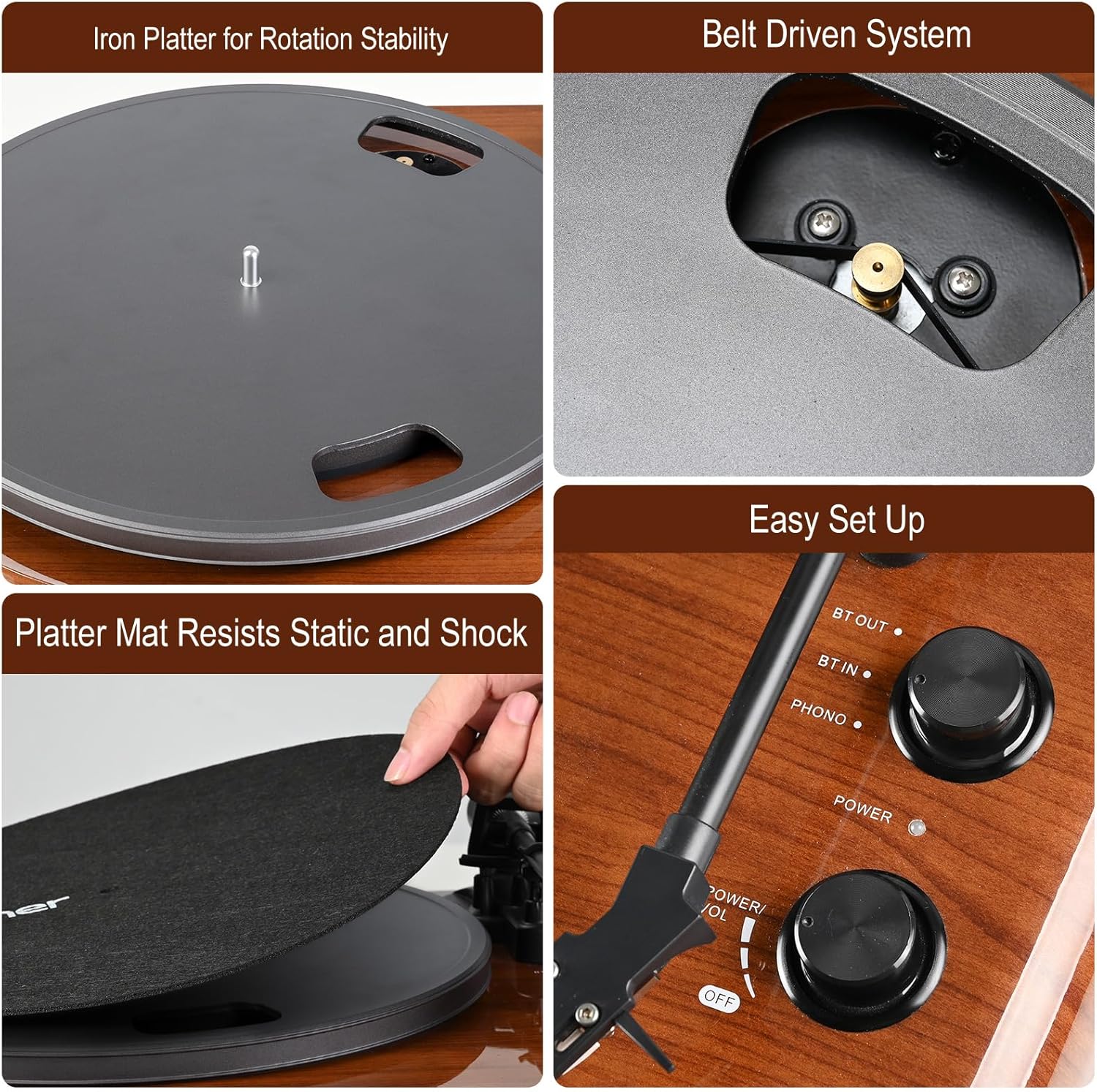 Close-up of turntable platter, belt-driven system, and platter mat