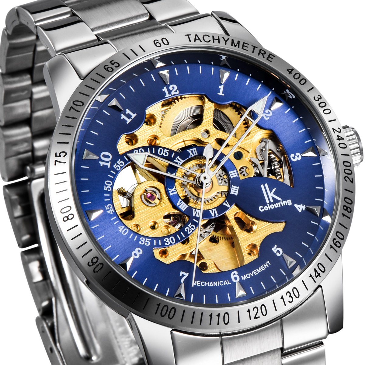 Alienwork IK Reloj Automático Hombre Mujer Plateado Pulsera de Metal Acero Azul Esqueleto