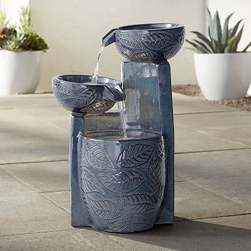 نافورة أرضية سيراميكية كبيرة الحجم بارتفاع 26 بوصة من Summer Leaves مع وعاء شلال قائم بإضاءة LED وميزة مياه متعددة الطبقات للحديقة الخارجية والفناء والشرفة الخلفية - جون تيمبرلاند