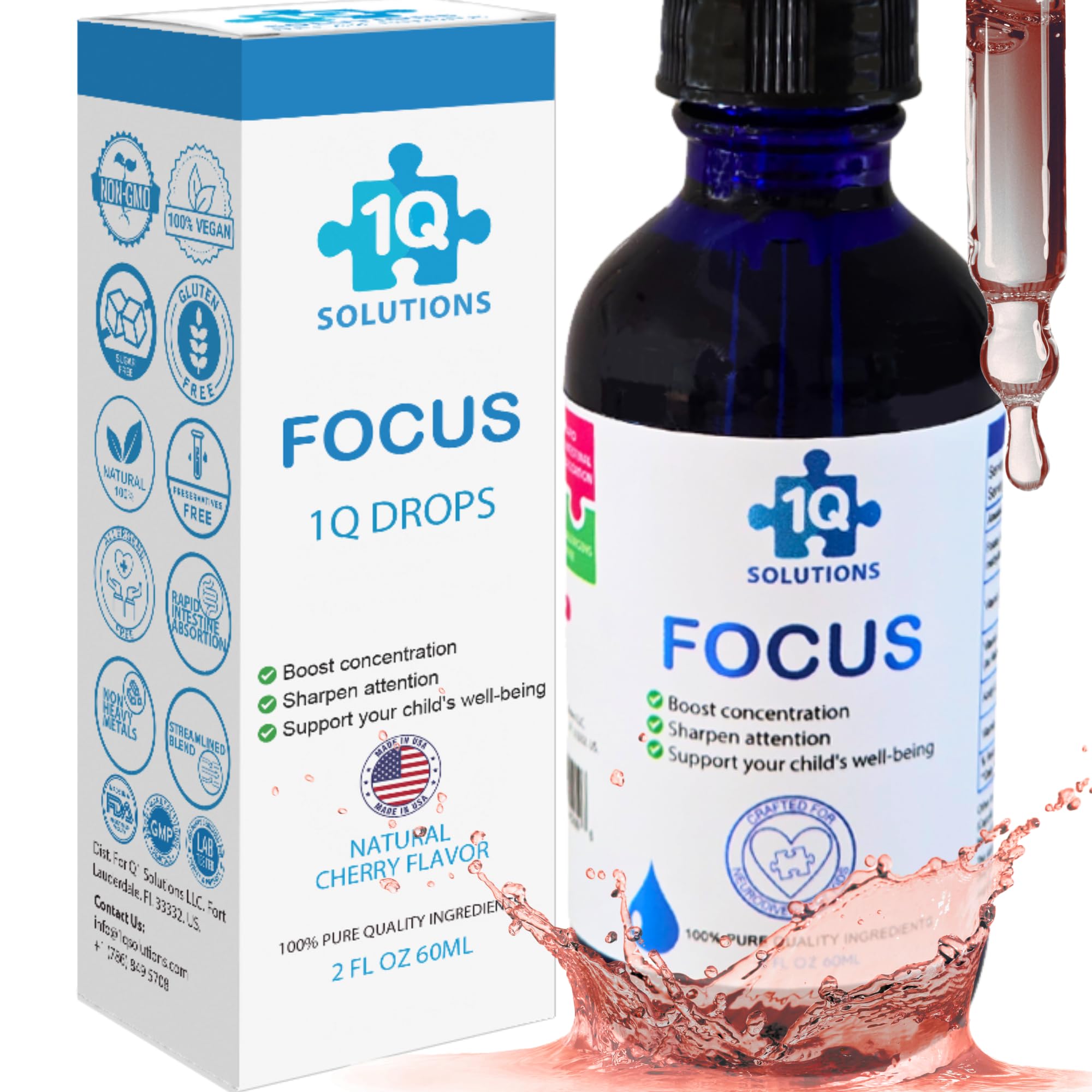 1Q Focus – Liquid Cognitive & Brain Support Natural Drops for Kids | Acetyl L-Carnitine + B1, B6, B12 & Folate | Sugar-Free, Vegan, Non-GMO,
