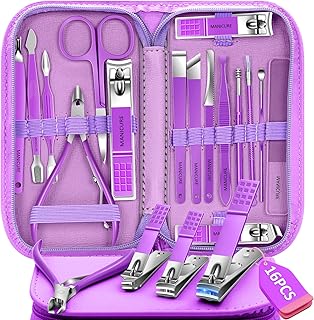 Manicure Set 16Pcs Professional Stainless Steel Pedicure Kit Mens Grooming Kit Fingernail & Toenail Clippers Set Manicure Kit with Luxurious Travel Bag, Sharp Nail Scissors and Clipper (Purple)