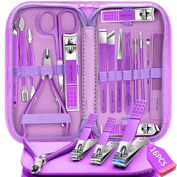 Manicure Set 16Pcs Professional Stainless Steel Pedicure Kit Mens Grooming Kit Fingernail & Toenail Clippers Set Manicure Kit with Luxurious Travel Bag, Sharp Nail Scissors and Clipper Purple