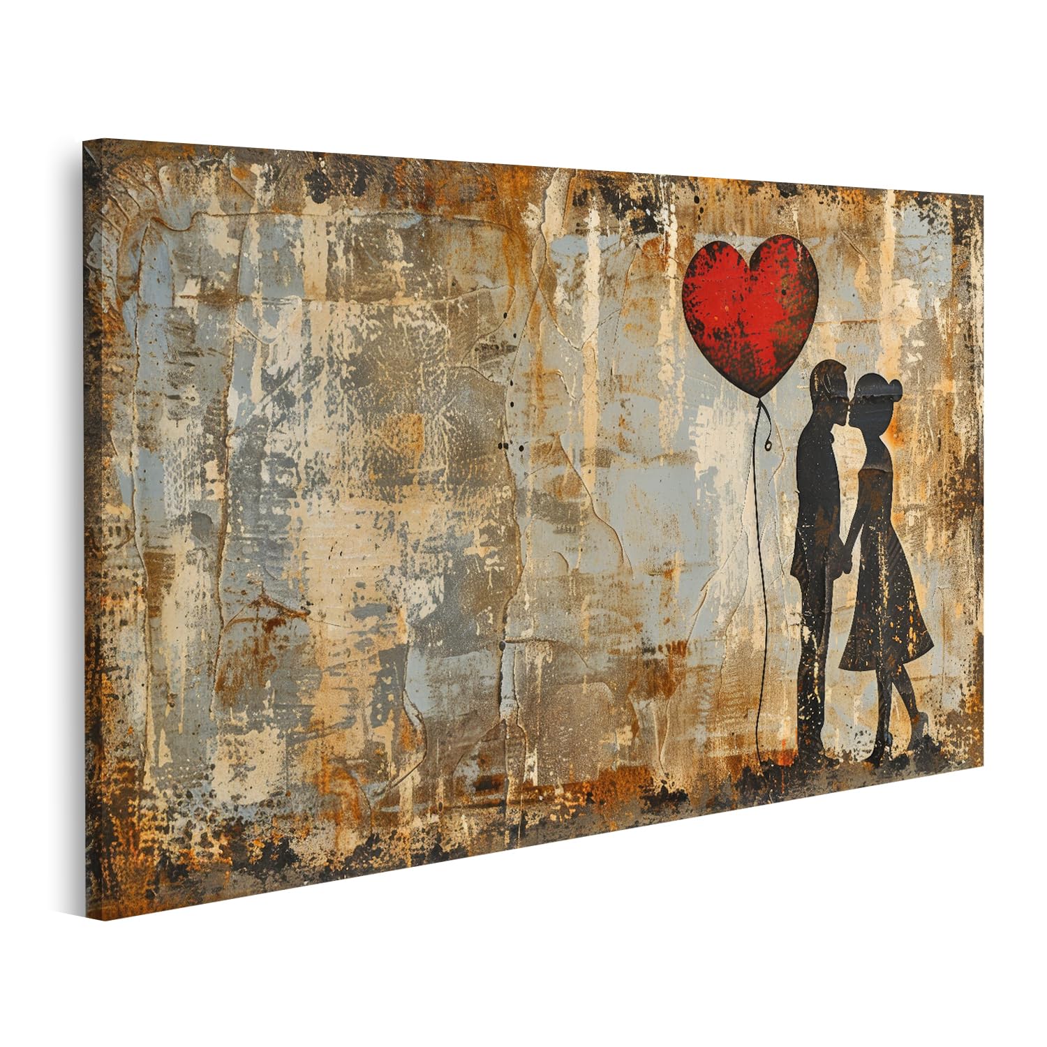 islandburner Prime Quadro su tela Grande palloncino a forma di cuore rosso galleggia su due sagome di bacio, graffiti su muro di cemento immagini murali poster