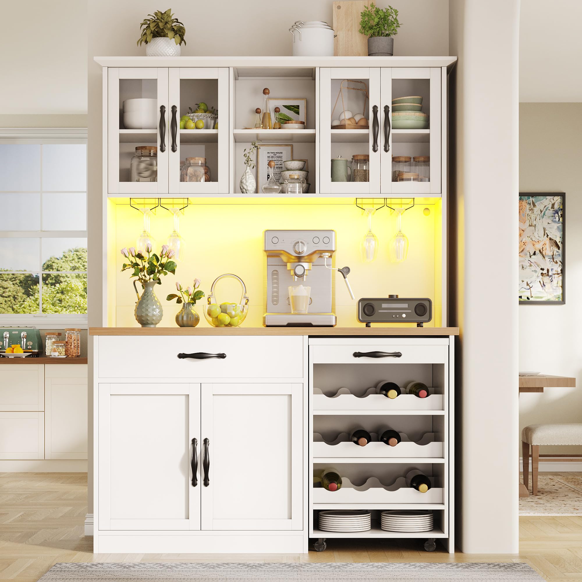 Armadio da cucina da 140 cm con carrello, armadietto alto, bianco, 140 x 38 x 180 cm, dispensa con mensola per bicchieri da vino e scaffale per vino, credenza per soggiorno, sala da pranzo