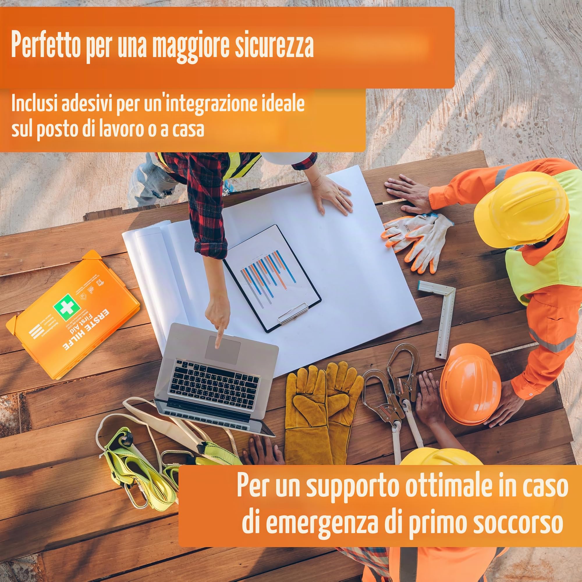 HELDENWERK Cassetta di pronto soccorso secondo la norma DIN 13157:2021 con supporto da parete e adesivi; valigetta universale di primo soccorso per funzionamento, casa o gastronomia, cassetta di