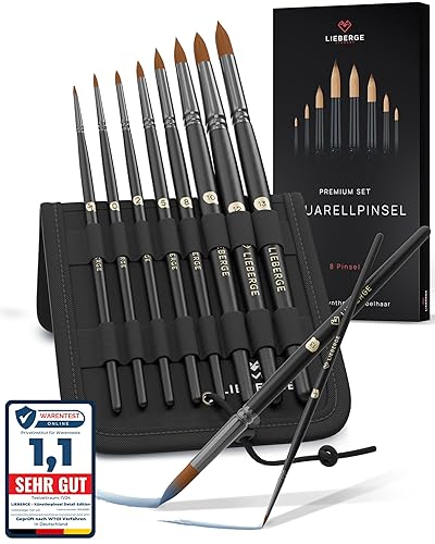LIEBERGE Premium Aquarellpinsel – 8 Pinsel aus hochwertigem Synthetik-Zobelhaar – Aquarellpinsel Set ohne Haarverlust beim Malen | Watercolor Brush (8 Pinsel Synthetik-Zobelhaar) - 8 Pinsel Synthetik-Zobelhaar