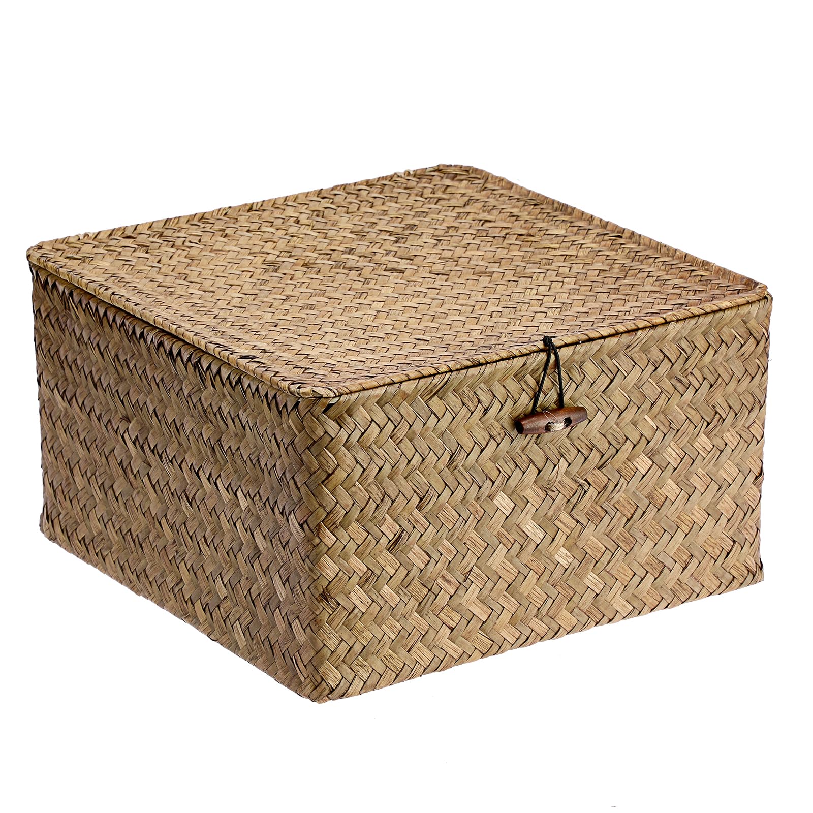 IGNPION Seagrass Storage Basket with Lid Woven Wicker Desktop Basket Rectangular Bathroom Storage Organiser Box, Living Room Decorative Under Shelf Basket Multipurpose Storage Hamper(30x30x16cm) โ image 1