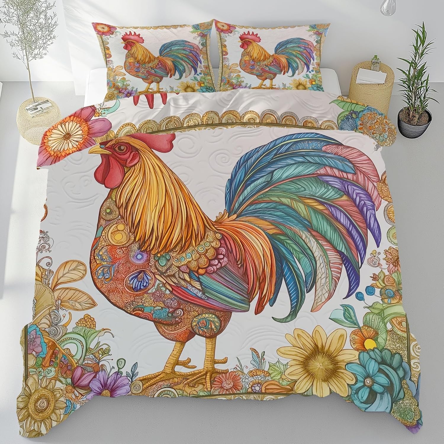 Housse de couette 220 x 240 coq et parure de lit 2 personnes en microfibre