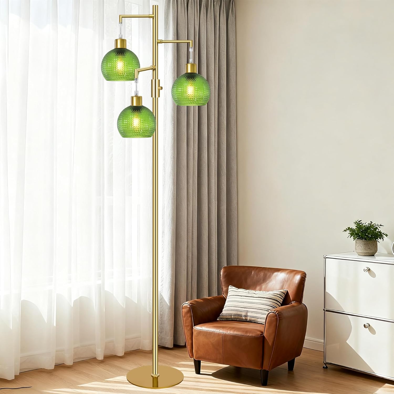 Modern Floor Lamp with Shade, Dimmable Standing Lamp for Living Room, 3 Lights Tree Lamp with Green Glass Shade, Tall Lamps for Bedroom with 3 x 600LM Bulb