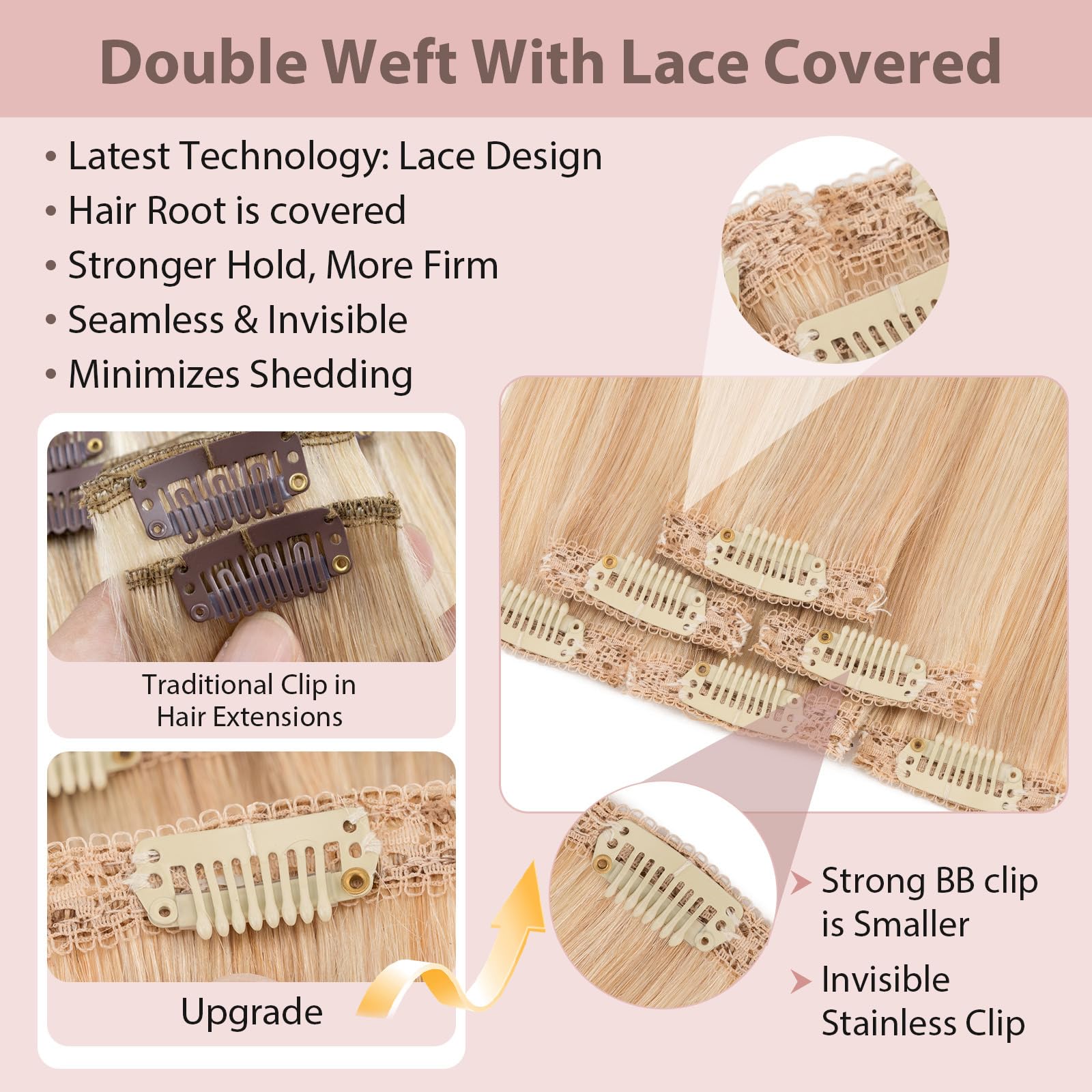 Silk-co Clip in Hair Extensions Real Human Hair Extension Double Weft With Lace Coverd Clip in Silky Straight Very Thin Highlight efffect for Women 6PCS 6Clip 10In #18P613 Ash Blonde&Bleach Blonde 31g - Image 2