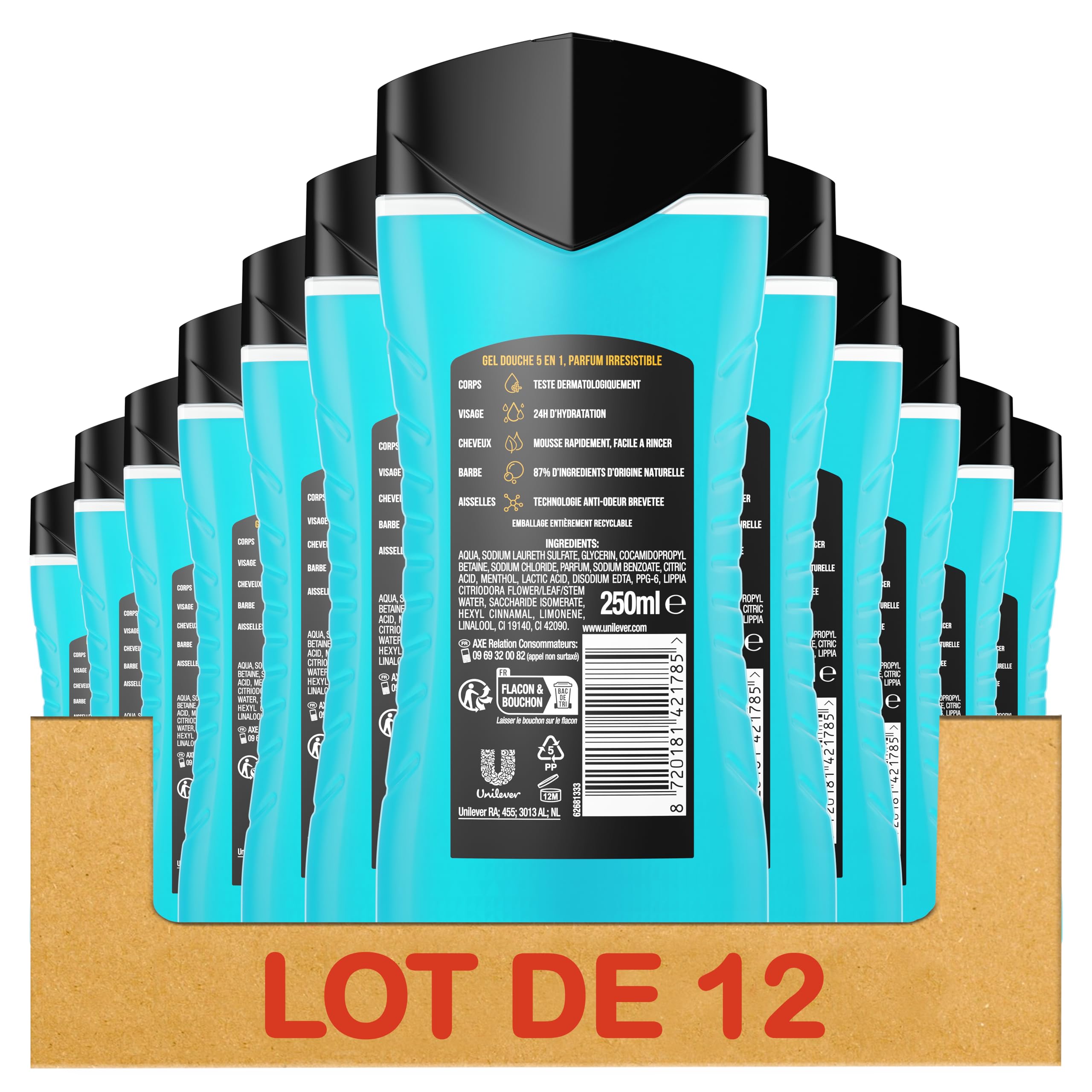 Axe Ice Chill 5-in-1-Duschgel, Duft Eisminze & Zitrone, 24 Stunden feuchtigkeitsspendend, 87% Inhaltsstoffe natürlichen Ursprungs – 12 x 250 ml