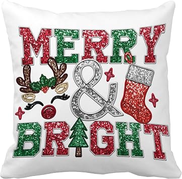 Merry and Bright Faux Sequin Embroidery Print 18x18 Inch Throw Pillow Cover,Faux Glitter Embroidered Decorative Cushion Case,Christmas Green Red Home Room Couch Decor Kid Soft Pillowcase Gift