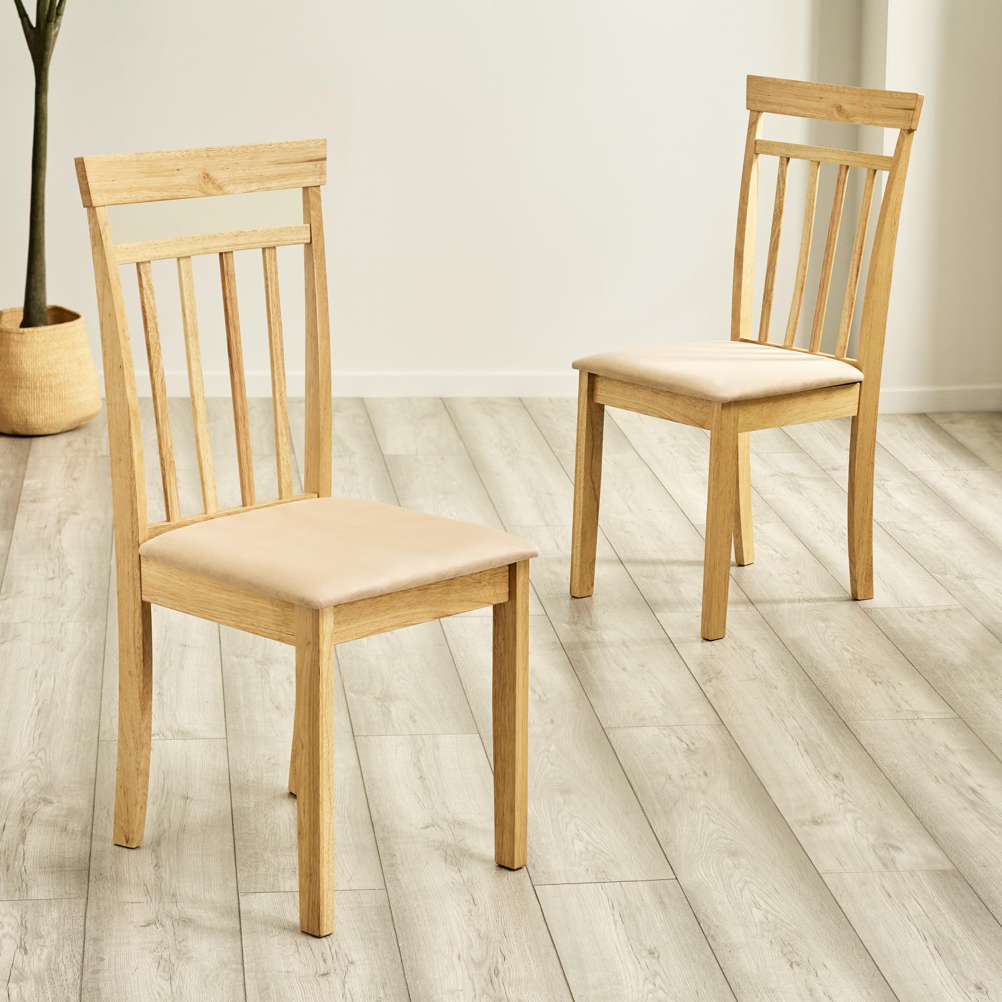 Julian Bowen Coast Dining Chairs, Set of 2, Oak Effect - W43.5 x D49cm | Modern Ivory Faux Suede Kitchen Chairs, Upholstered Padded Cream Seat with Slatted Back for Dining Room & Kitchen