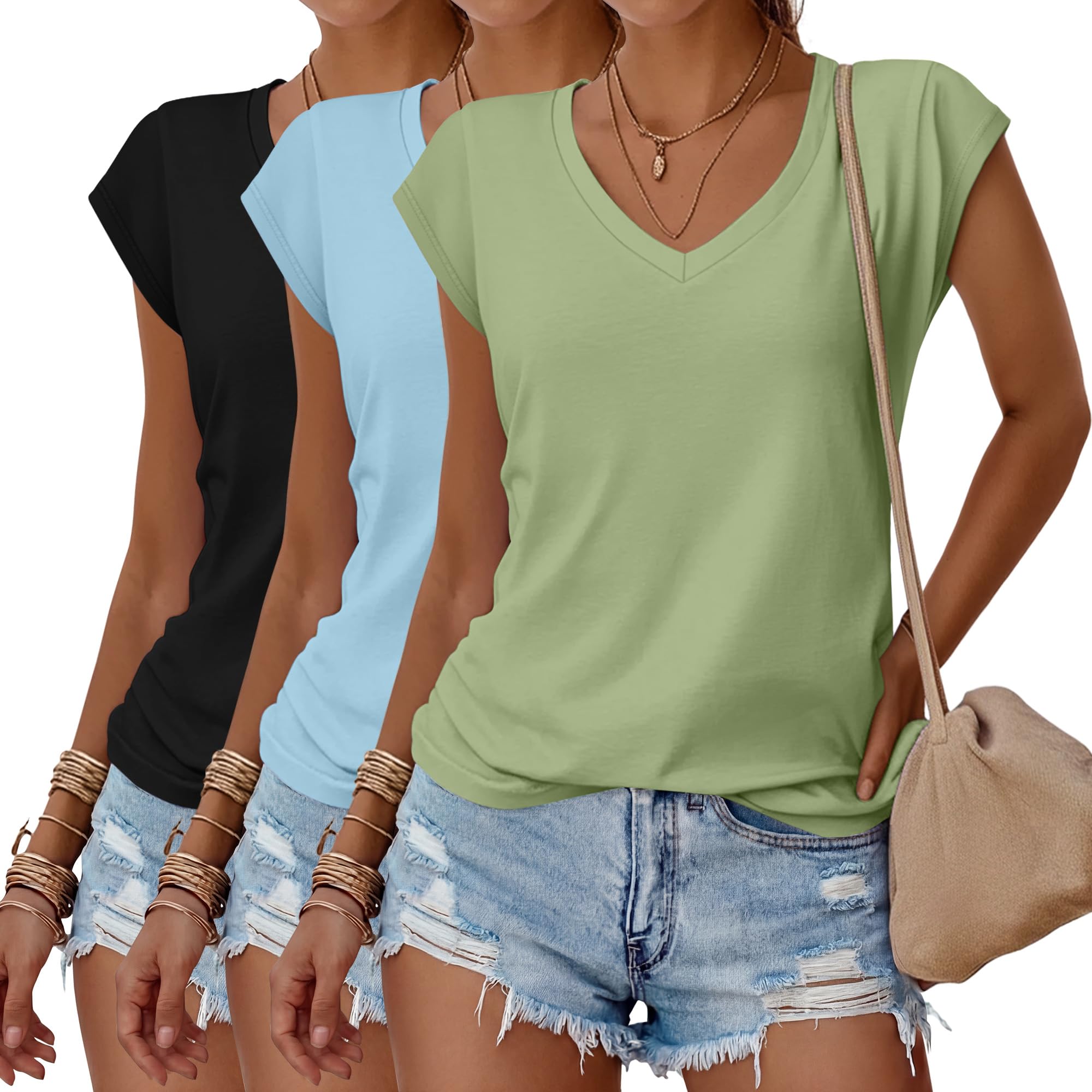 Huukeay 3 Pack Women's V Neck Short Sleeve Shirts | Soft but Sturdy Fabric, Roomy Drapey Fit, Cap Sleeve, Casual Summer Wear, Year-Round Wearable Style