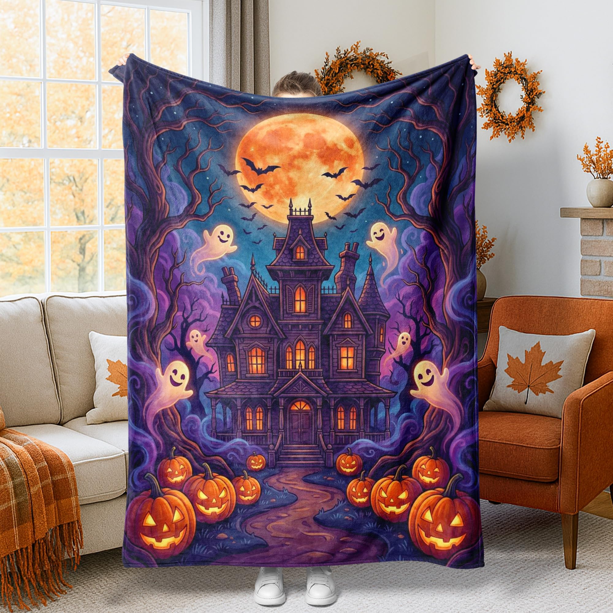 Couverture pelucheuse Halloween fantôme et citrouilles déco