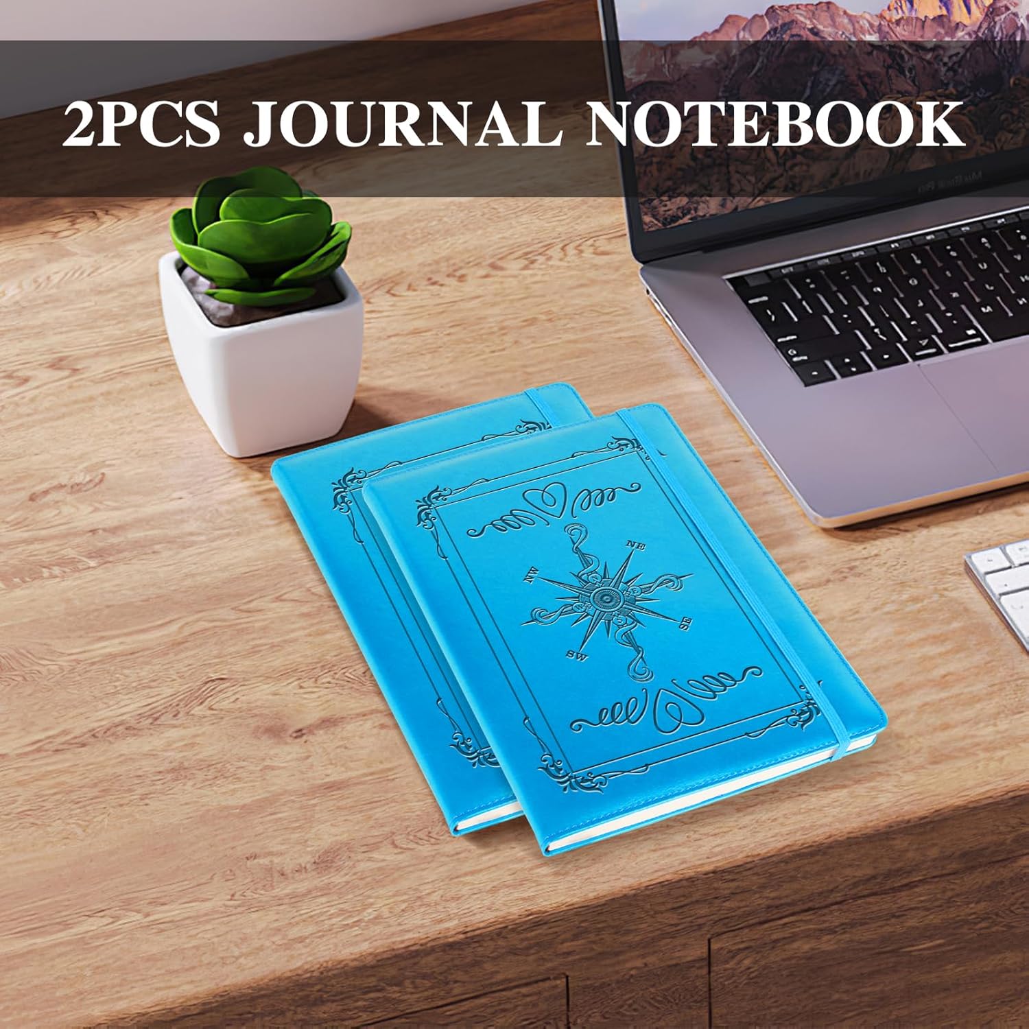 Compass Gift Compass 2pcs PU Leather Notebook Journal for Men A5 Travel Notebook Compass Lined Journals for Office Daily Writing (2pcs compass-light blue)