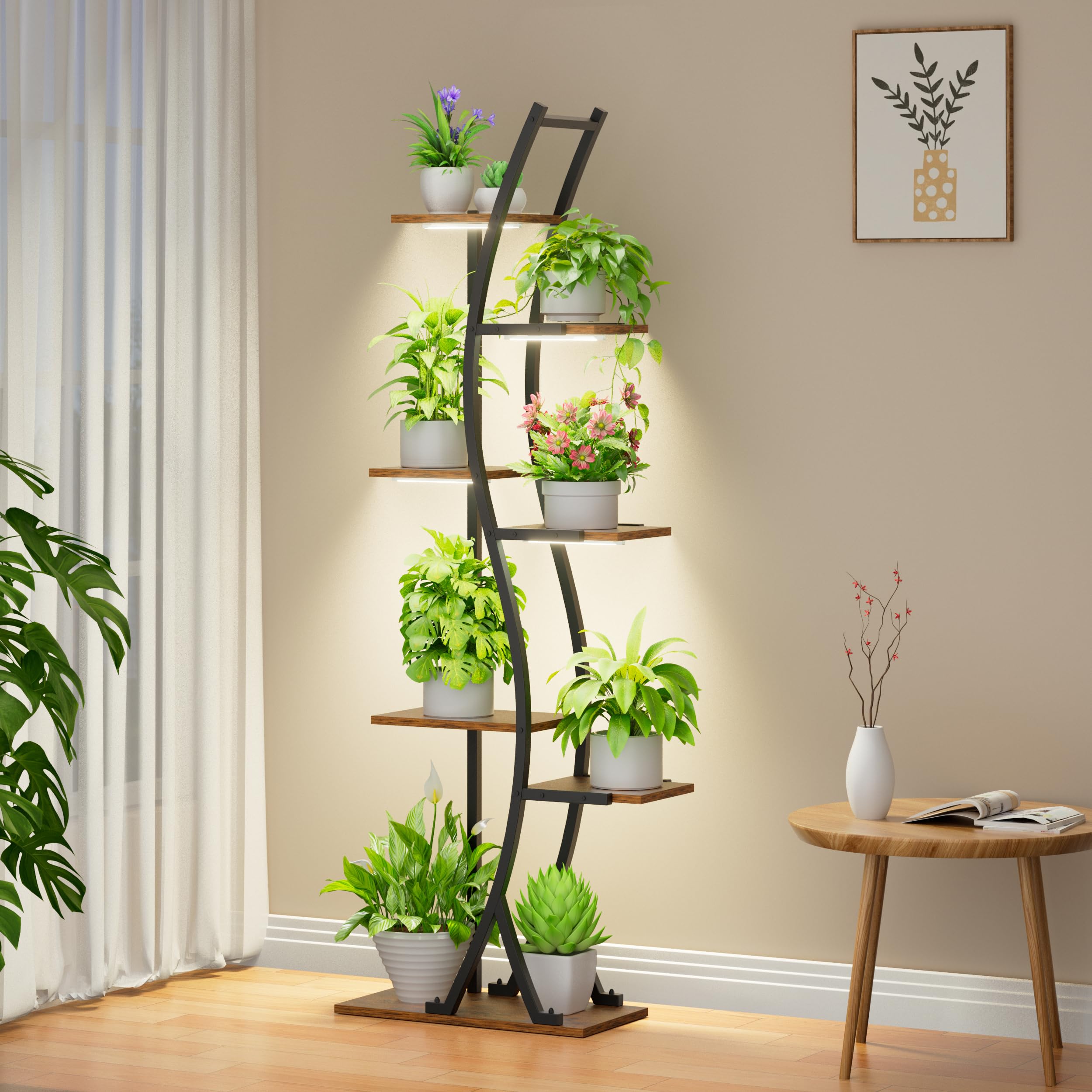 JUSTOGO Support de fleurs avec lumières de croissance - Étagère d'intérieur à 7 étages en bois et métal - 160 cm - Grande étagère pour salon, balcon, chambre à coucher