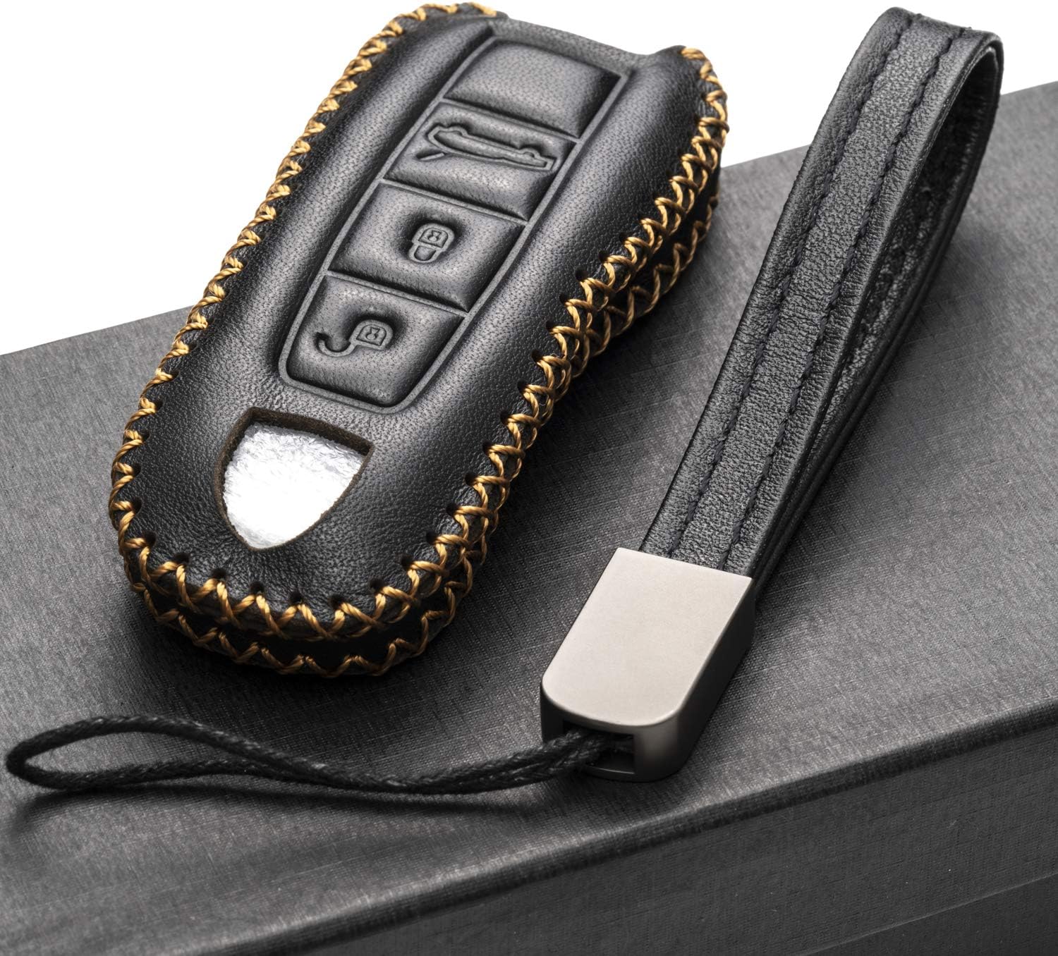 Vitodeco Genuine Leather Smart Key Fob Case Cover Protector with Leather Key Strap Compatible for Porsche Cayenne, Macan, Panamera, 718, 911, Taycan 2020-2026 (3-Button, Black) - Image 5