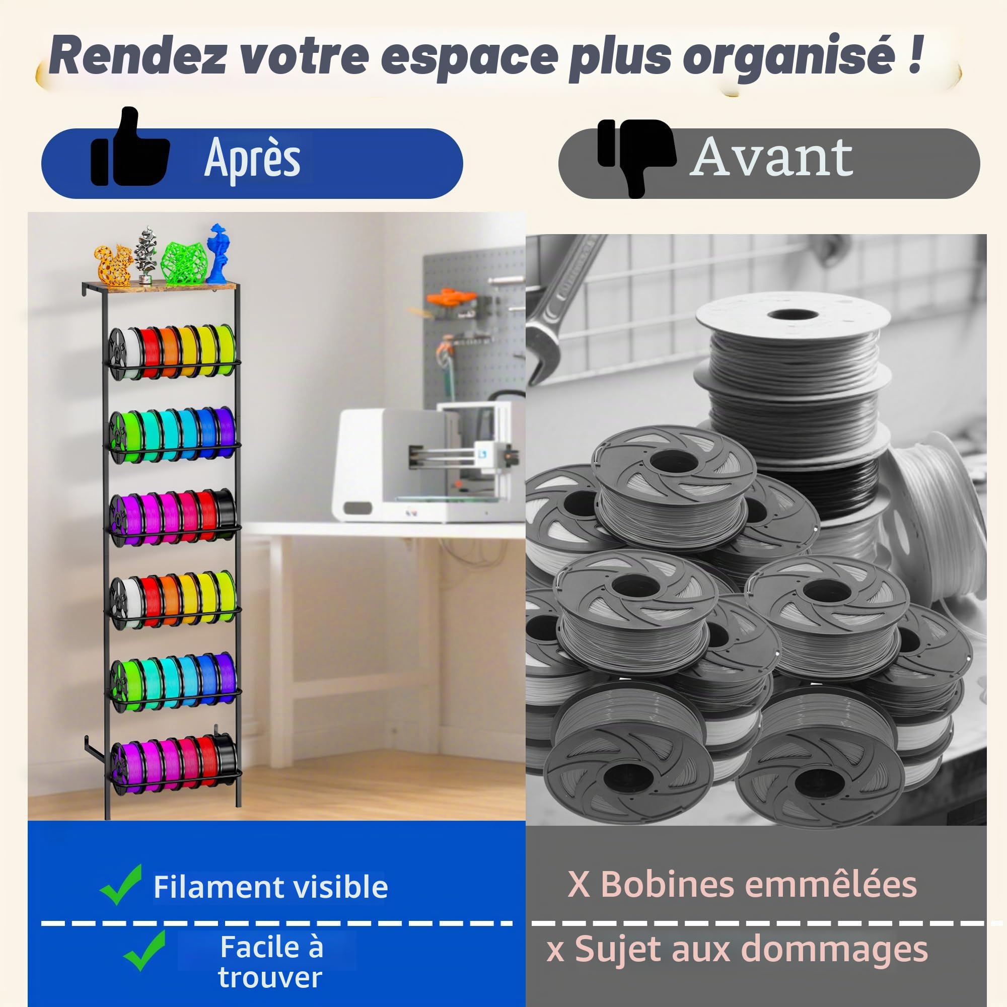 Support mural de rangement pour filament d'imprimante 3D, support de bobine de filament à 6 niveaux avec plateau en bois supérieur, support de rangement de filament en métal robuste pour