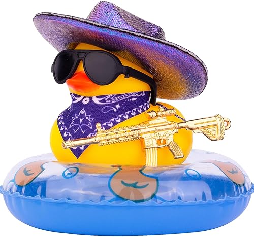 Patos de goma para tablero de instrumentos de automóvil, pato vaquero, accesorios de decoración con mini sombrero de vaquero holográfico, anillo de