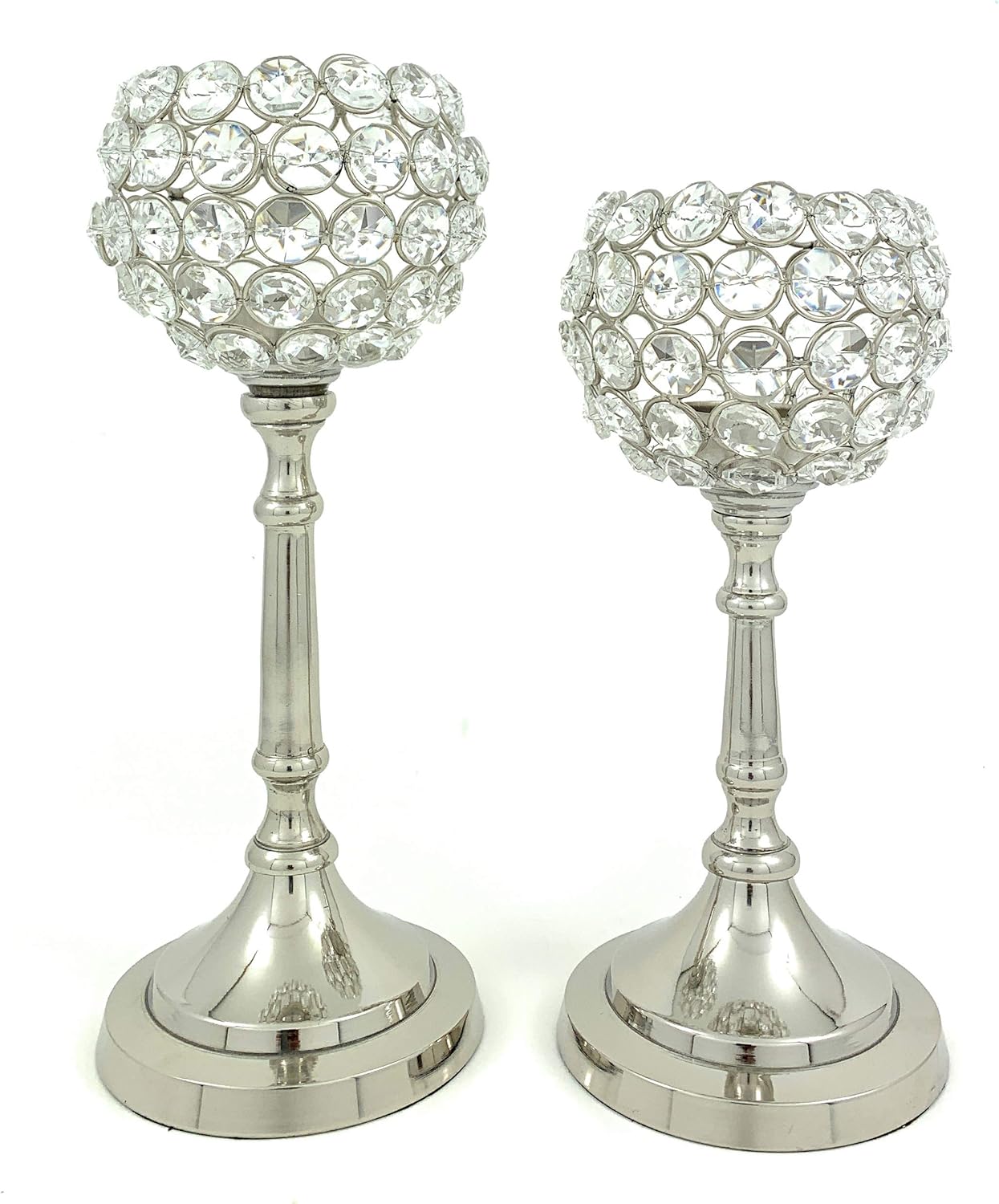 VIBHSA Crystal Candle Holders Set of 2 Wedding Centerpiece Decorations Hurricane Candleholders for Tea Lights