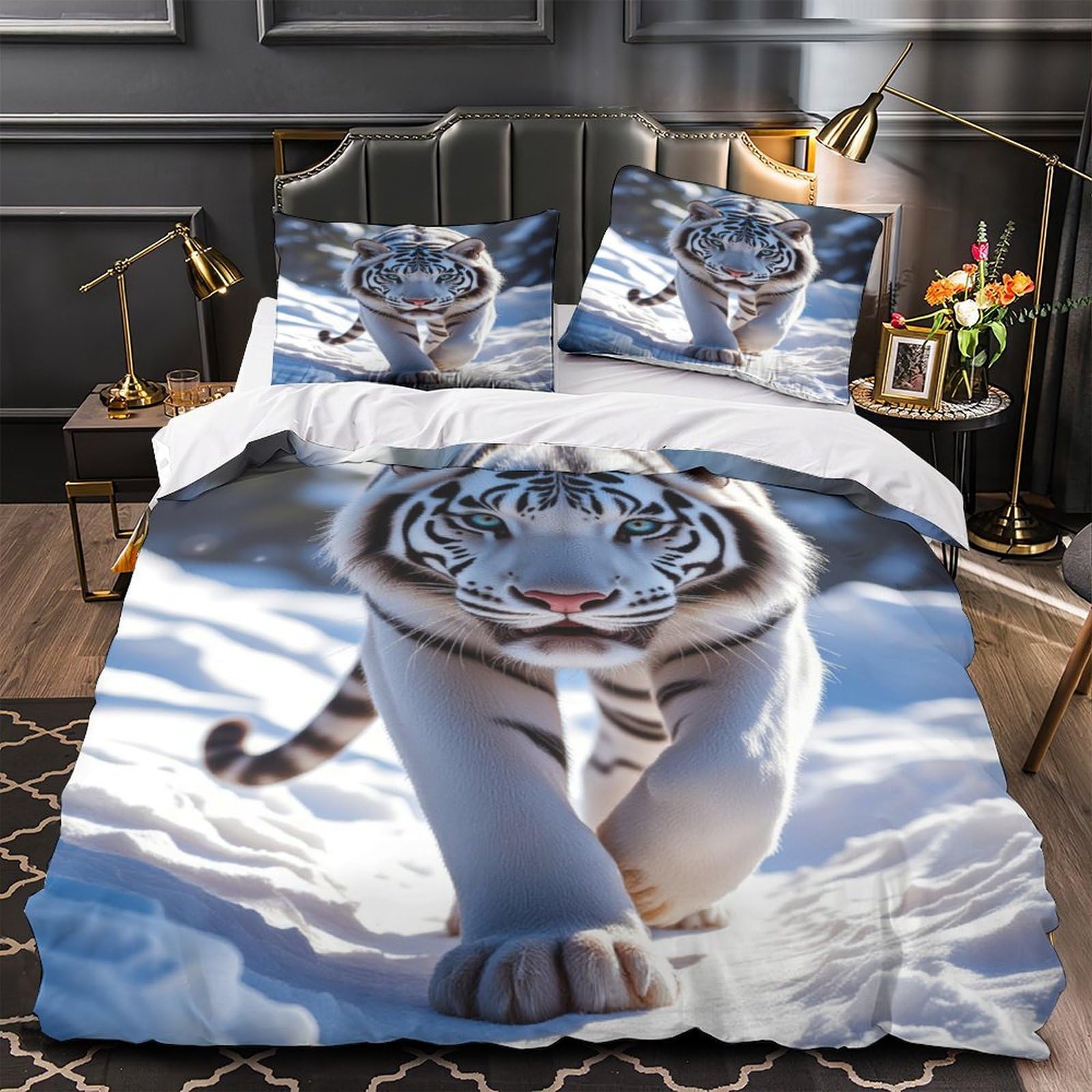 Housse de couette tigre blanc microfibre ultra douce et légère