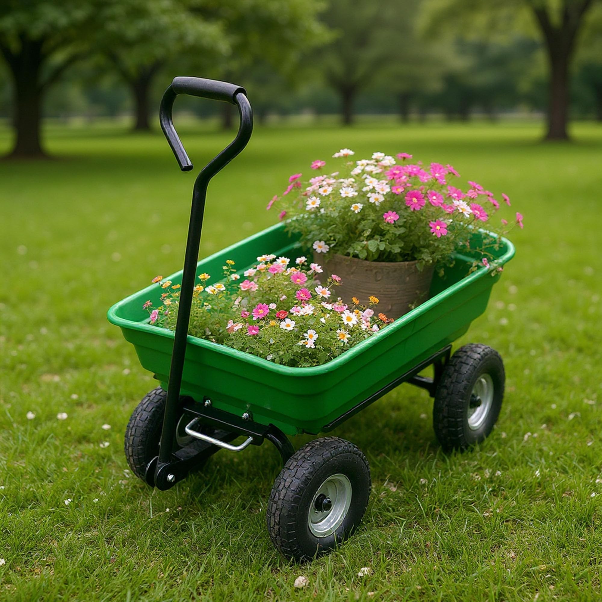 Brouette de Jardin 4 Roues, Chariot Utilitaire Fer et Plastique, 93x89,5x50,5 cm, Vert, Chariot de Transport Stable pour Jardin et Cour
