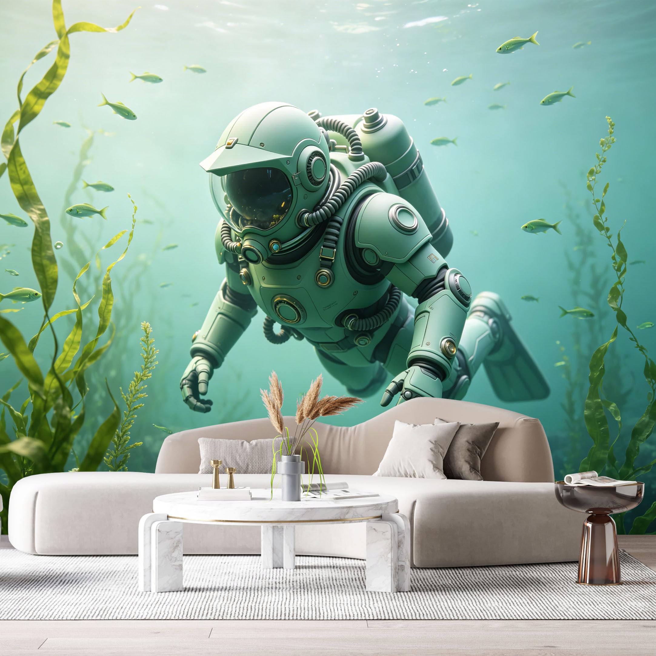 Custom Size Wall Mural Underwater Mechanical Diver Mech Robot SciFi Futuristic Style 3D Art SelfAdhesive Art Prints Removable Large Wallpaper Esports Room Game Room Tenant Room Studio