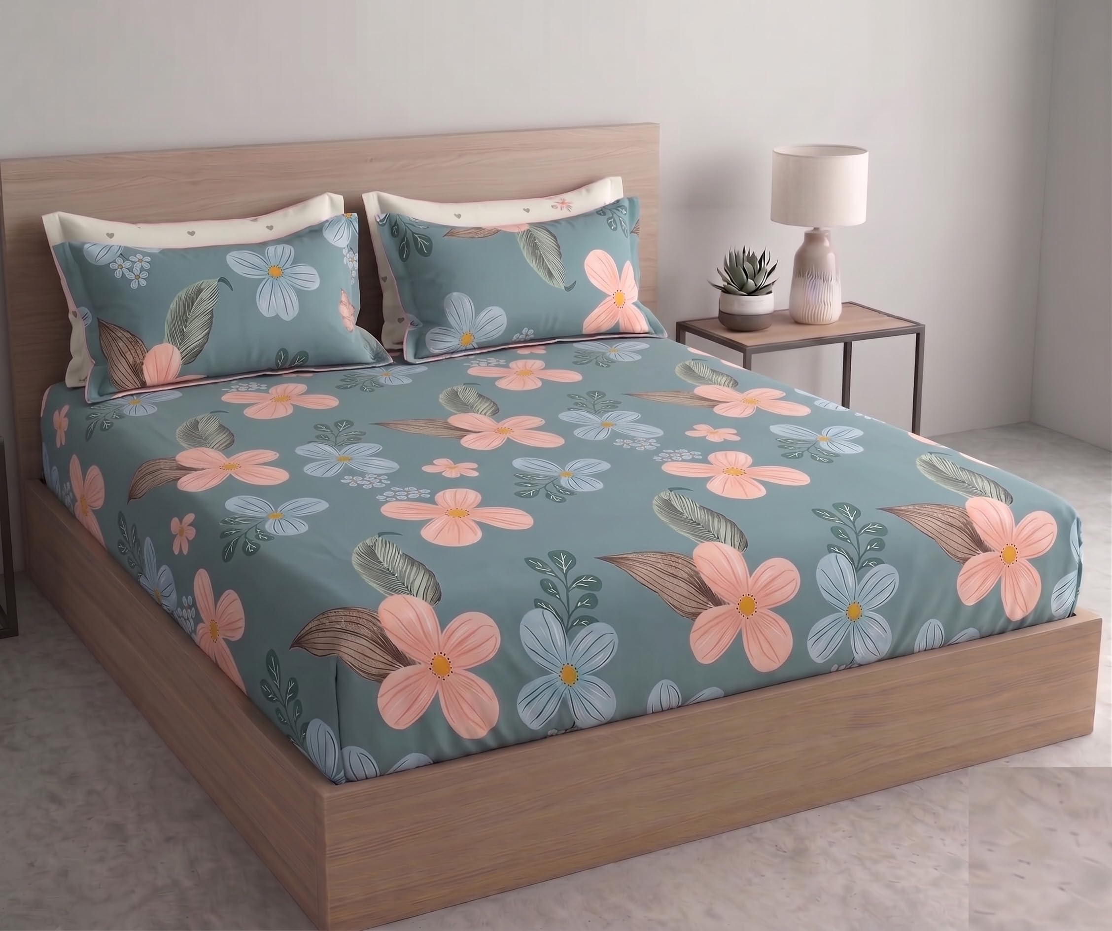 DECOMIZER 300 TC Cotton Feel Glace Cotton Elastic Fitted Printed Queen Size Double Bed Bedsheet with 2 Pillow Cover Fits Upto 8 inches Mattress,Size- 60x78x10 Inches,Sky Peach Flower