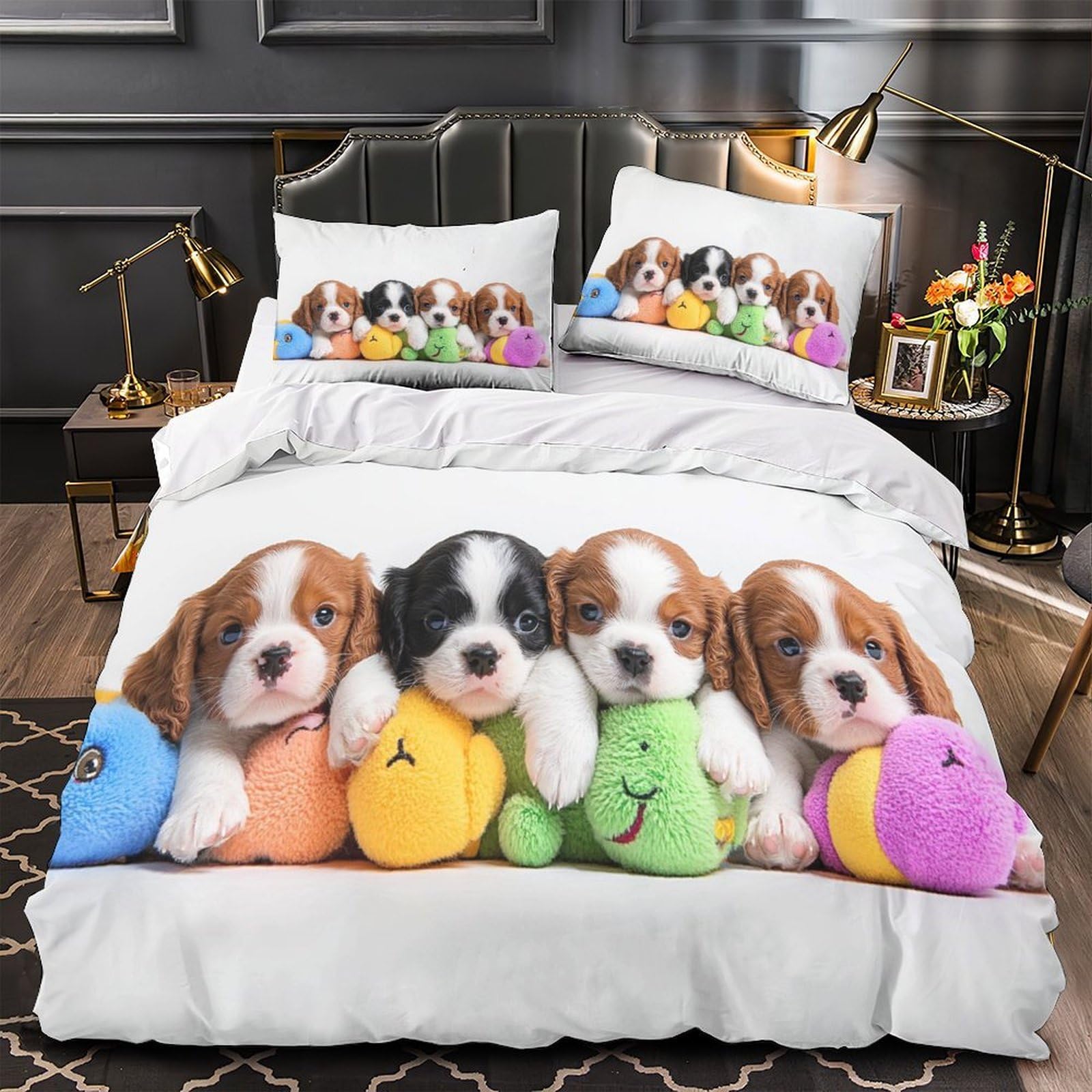 Housse de couette chiots mignons 3D parure lit microfibre ado double
