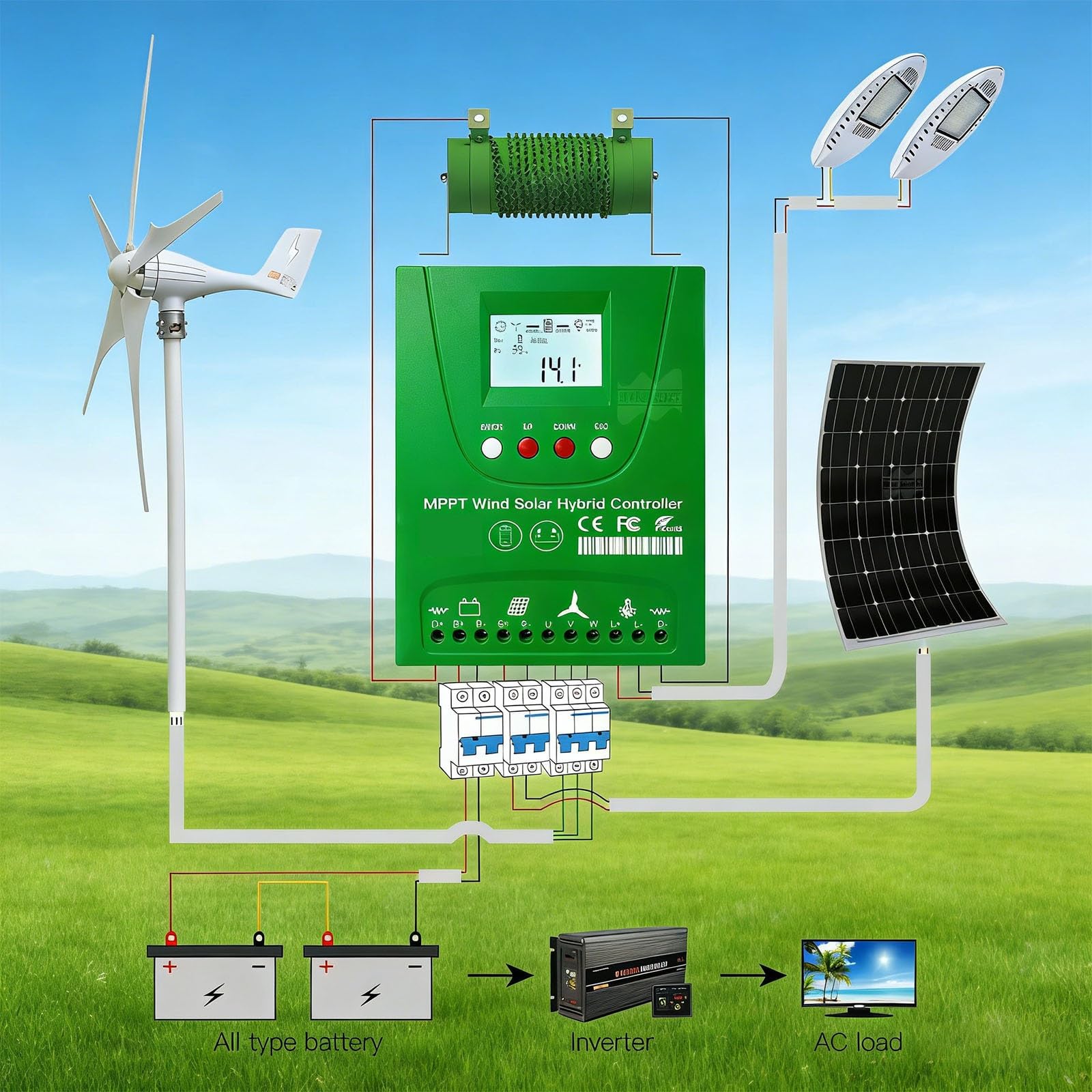 Regolatore di Carica Ibrido Solare Eolico 6000W-10000W, Batteria Automatica 24V/48V Regolatore Solare Eolico Ibrido MPPT con Display LCD e carico di Scarico Libero accurato(12V,10000W)