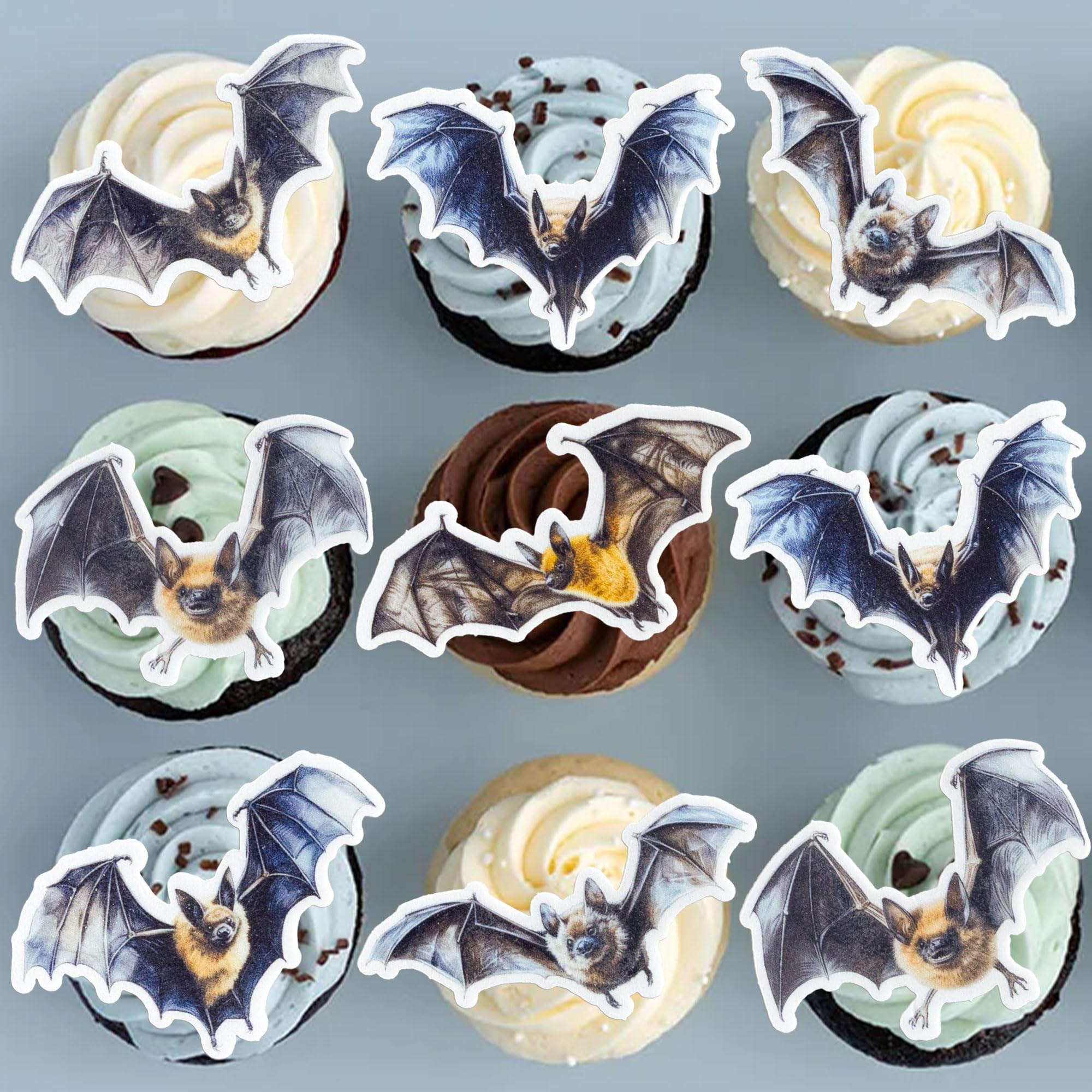 Gyufise 56Pcs Halloween Bat Cupcake Toppers Wafer Paper Halloween Bat Cupcake Picks Edible Bat Cake Decorations for Baby Shower Birthday Party Food Decorations Supplies Brown