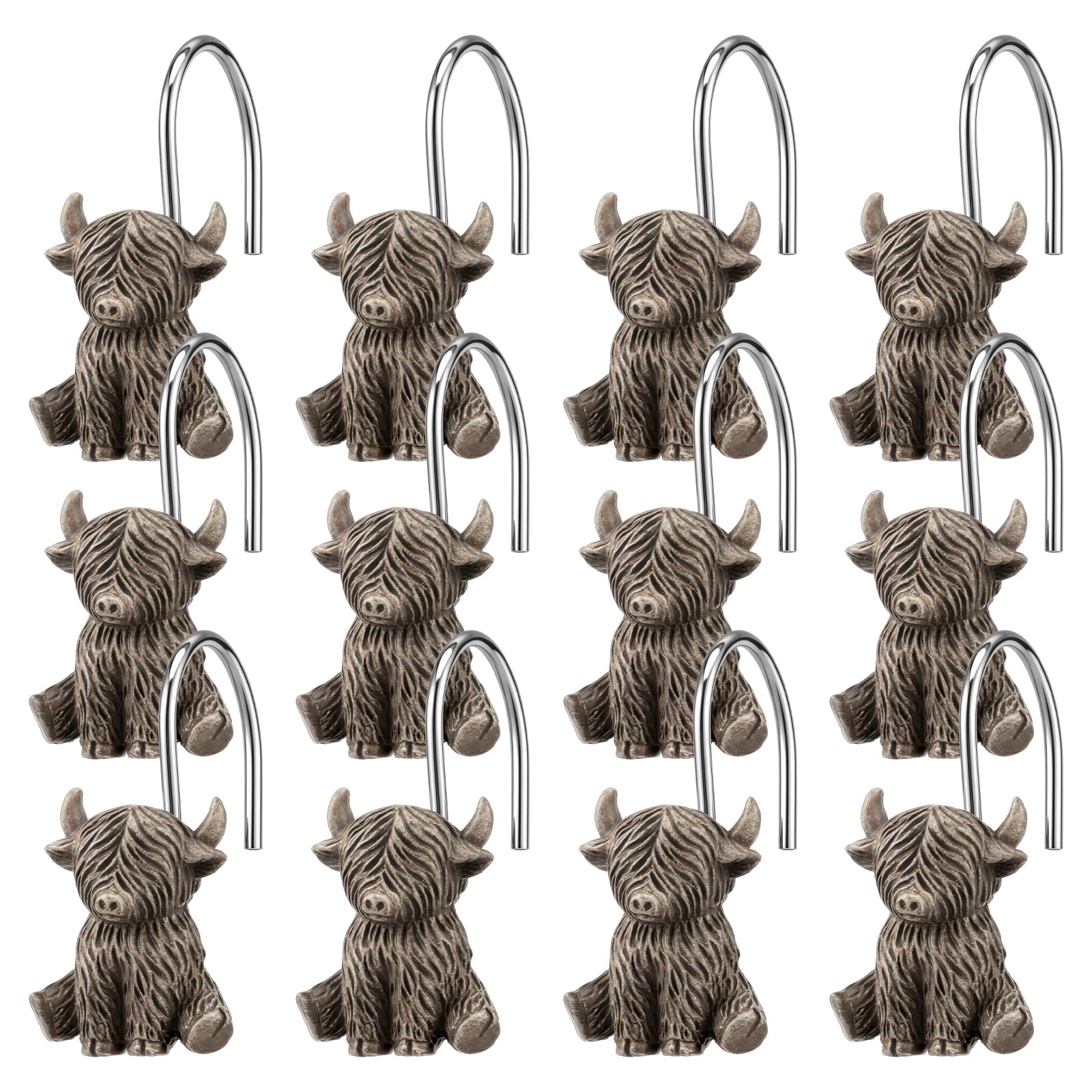 12 Pcs Highland Cow Shower Curtain Hook, Farmhouse Rustic Shower Curtain Hanger Hooks, Rust Resistant Rings Hangers, Vintage Antique Resin Texture Smooth Glide for Bathroom Decor