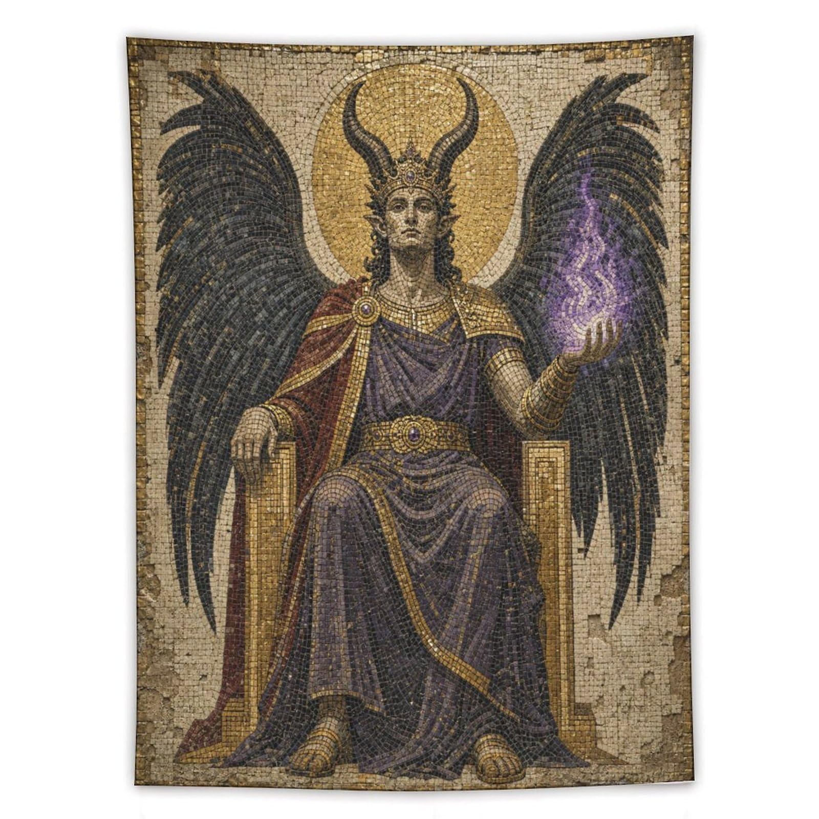 W7C8U2X3 Horned Winged King Wall Tapestry, Gothic Oil Style, Sofa Area